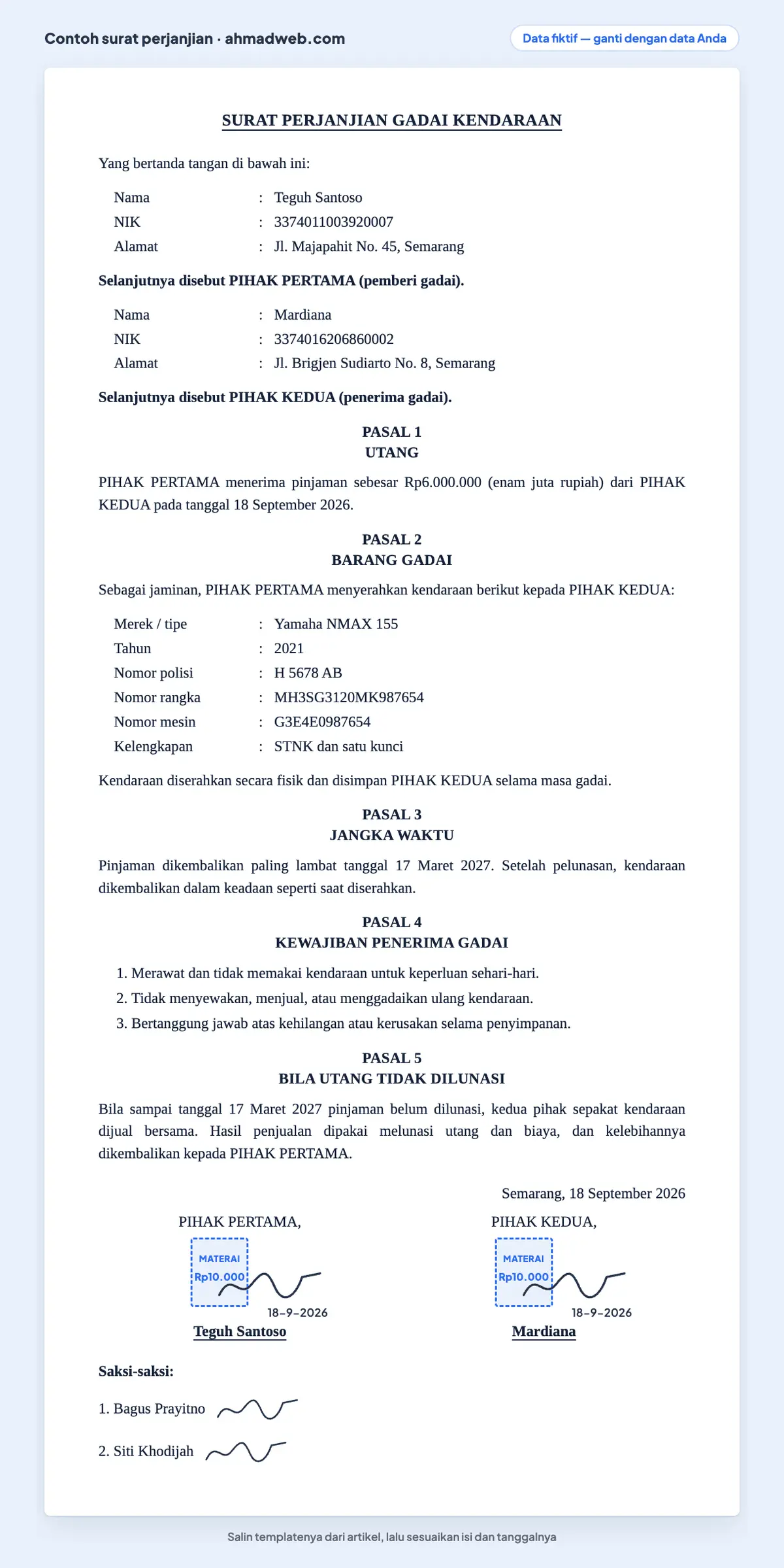 Contoh surat perjanjian gadai motor yang sudah diisi dengan nomor rangka, nilai pinjaman, dan pasal penjualan kendaraan, berlaku sama untuk gadai mobil
