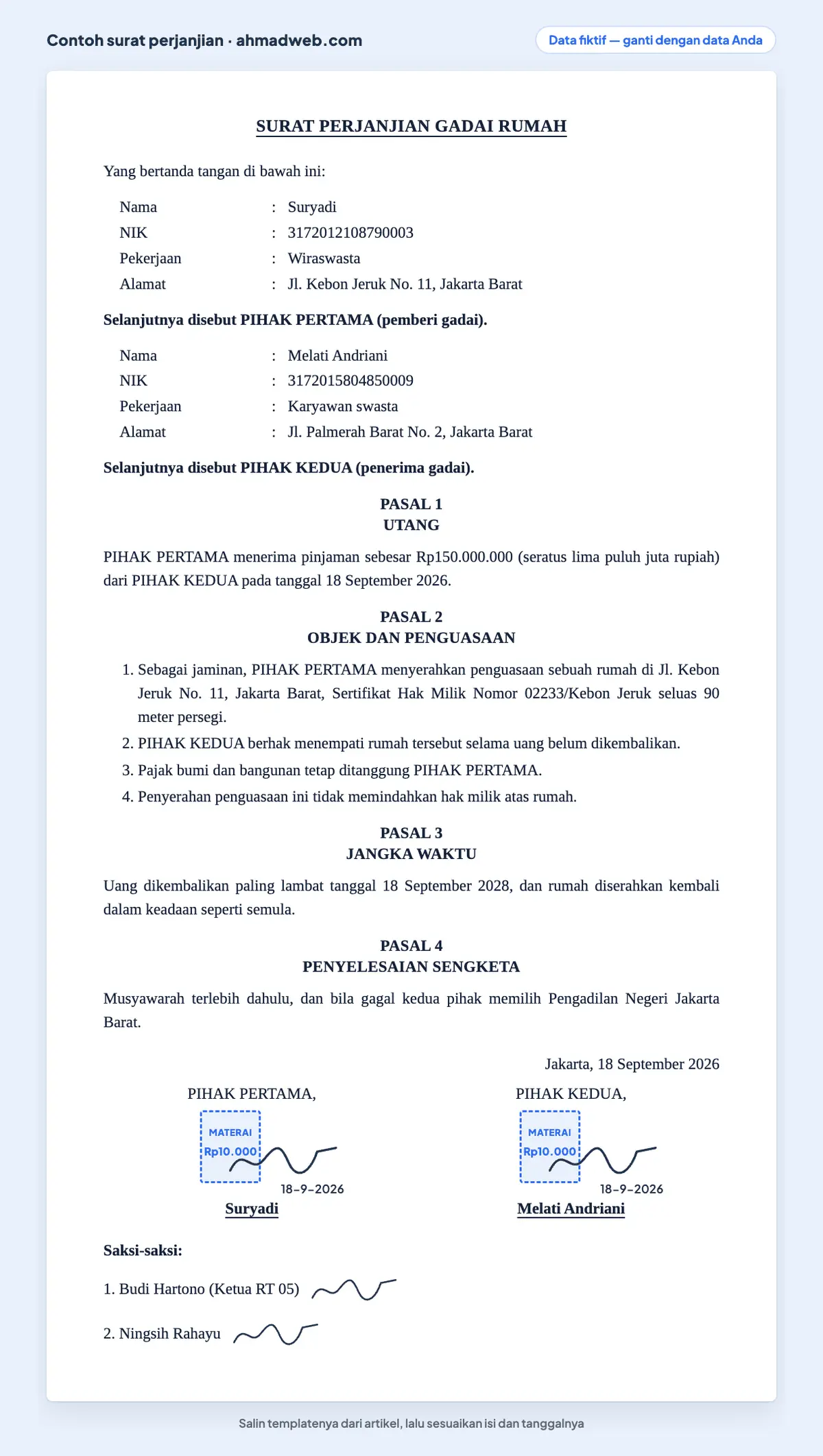 Contoh surat perjanjian gadai rumah yang sudah diisi dengan nomor sertifikat, nilai uang, dan penegasan bahwa penguasaan tidak memindahkan hak milik