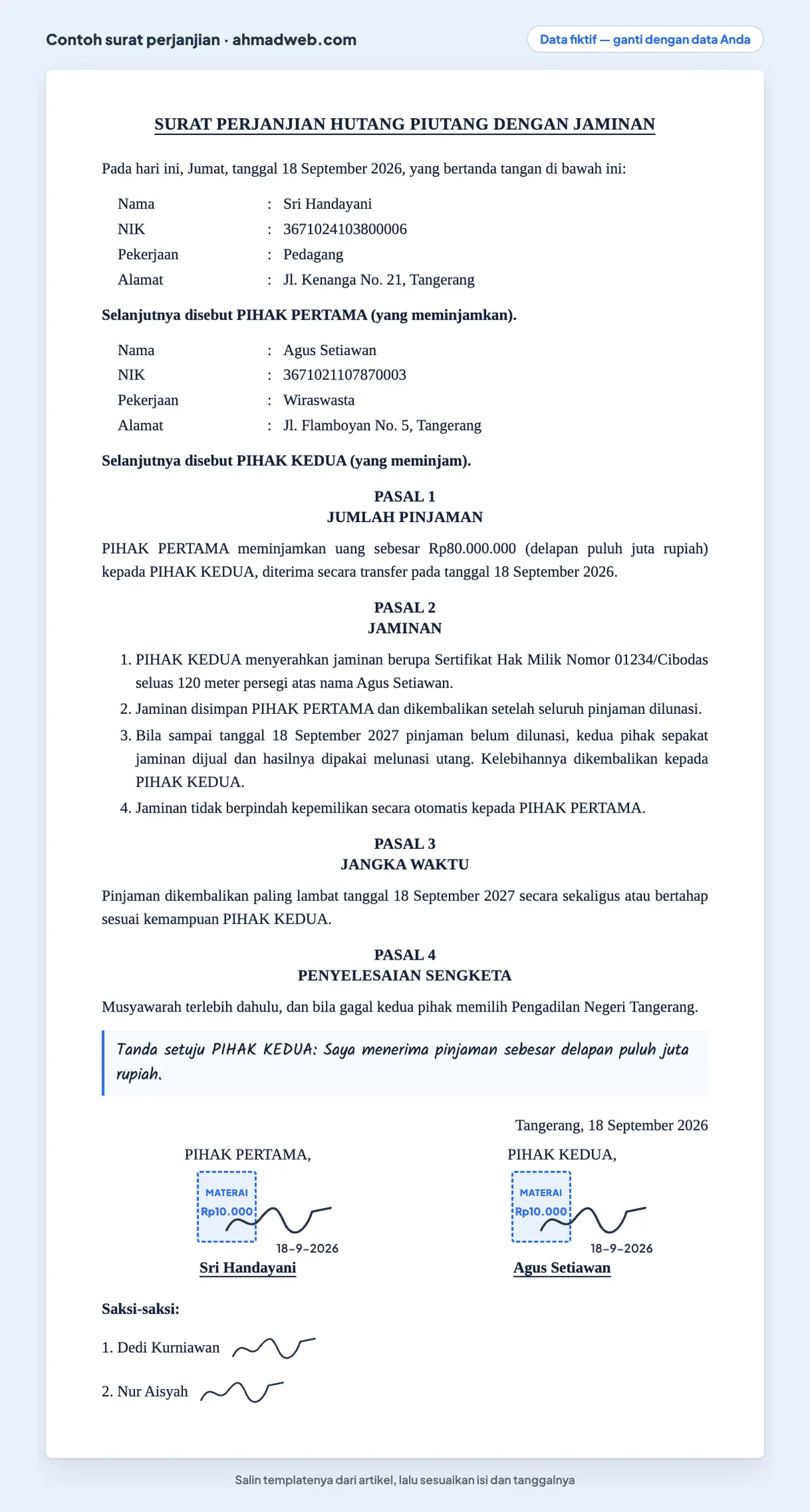 Contoh surat perjanjian hutang piutang dengan jaminan sertifikat tanah yang sudah diisi beserta pasal penjualan jaminan
