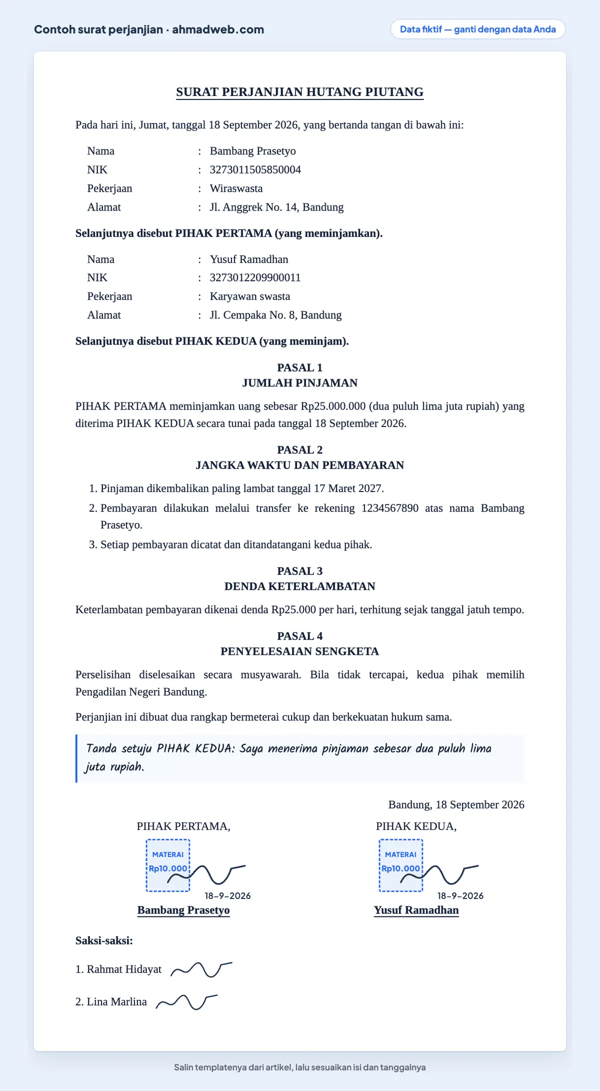Contoh surat perjanjian hutang piutang yang sah karena memuat jumlah pinjaman, tanggal jatuh tempo, denda, meterai, dan dua saksi