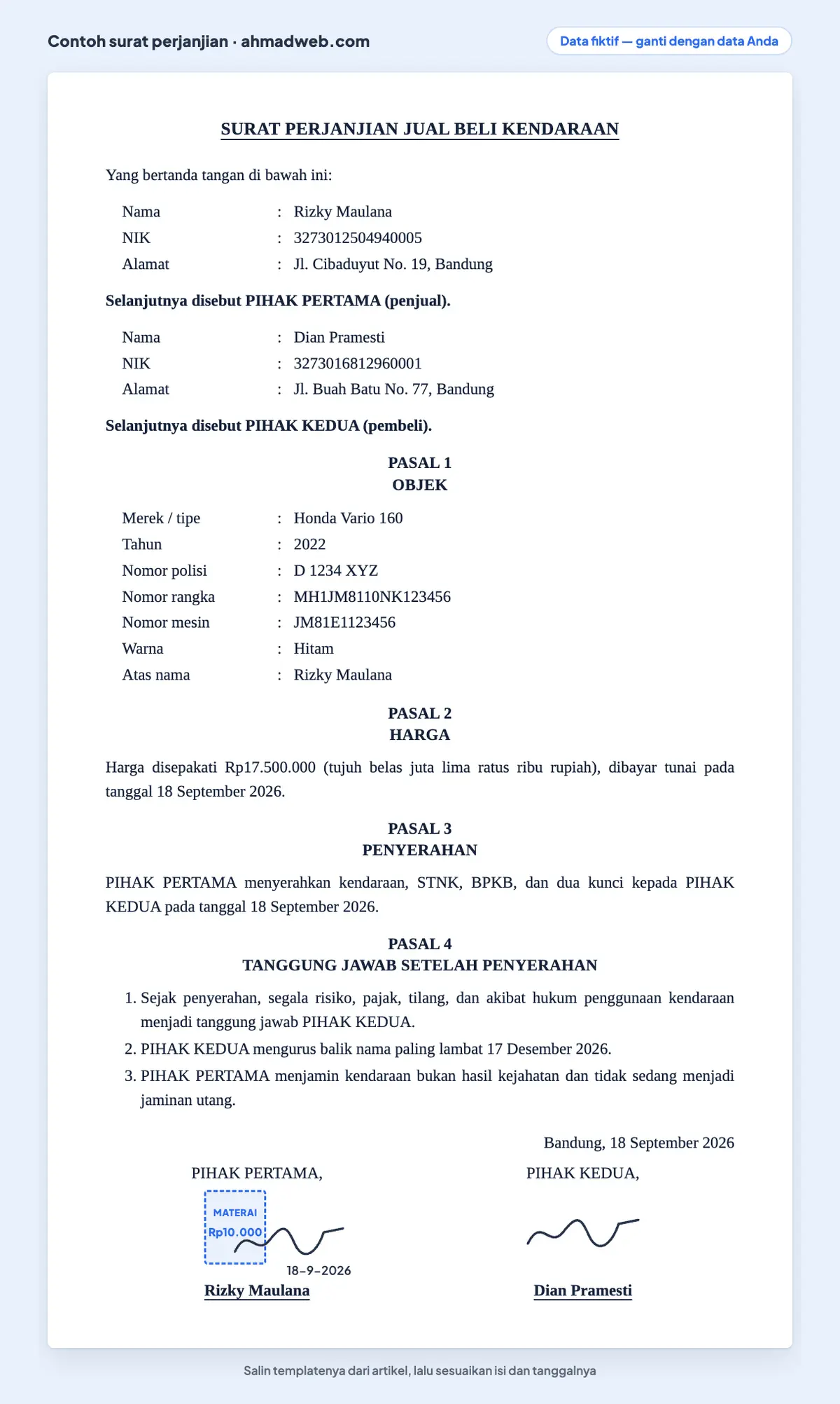 Contoh surat perjanjian jual beli motor bekas yang sudah diisi lengkap dengan nomor rangka dan nomor mesin, dipakai juga untuk surat perjanjian jual beli mobil