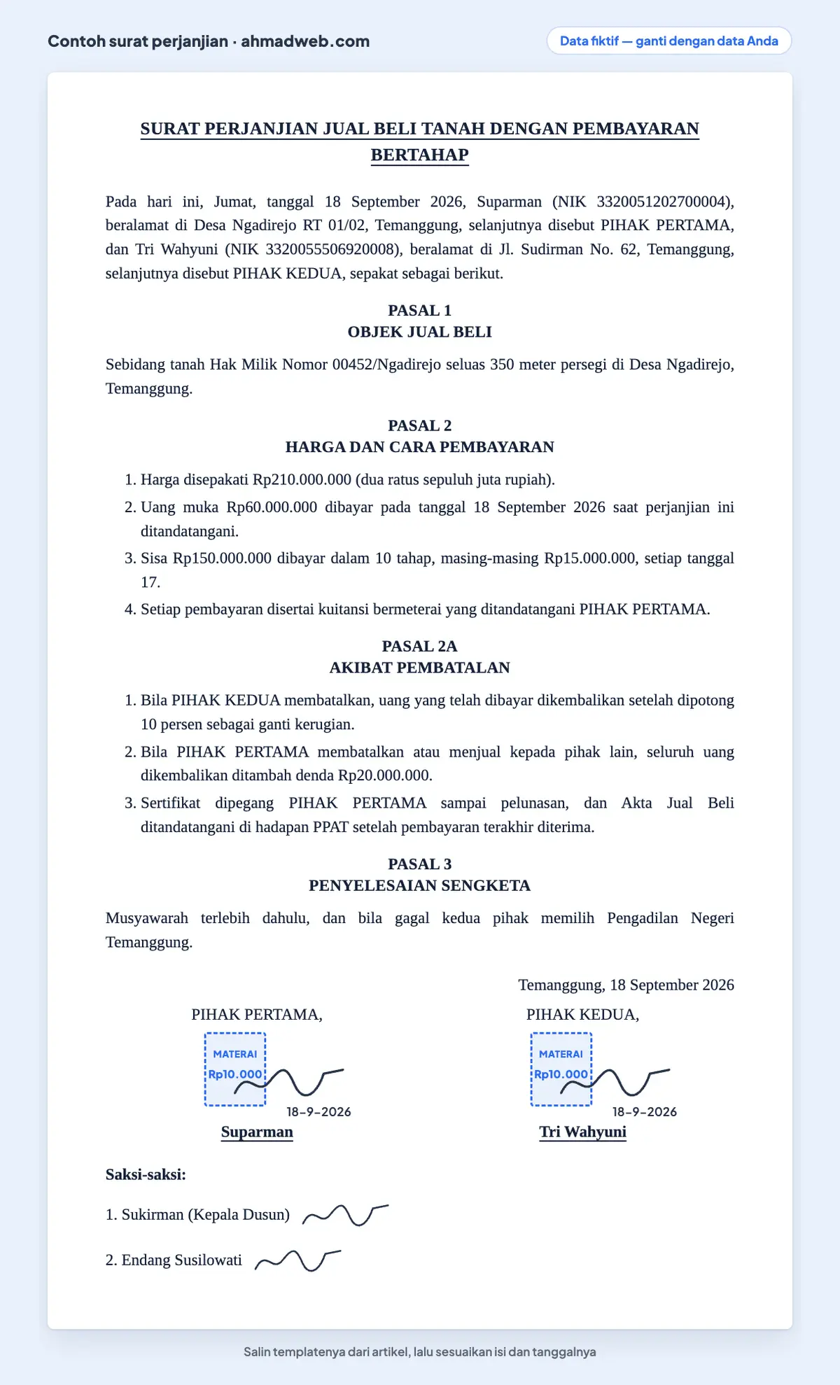 Contoh surat perjanjian jual beli tanah dengan pembayaran bertahap, berisi jadwal cicilan dan pasal pembatalan, dipakai juga untuk jual beli rumah