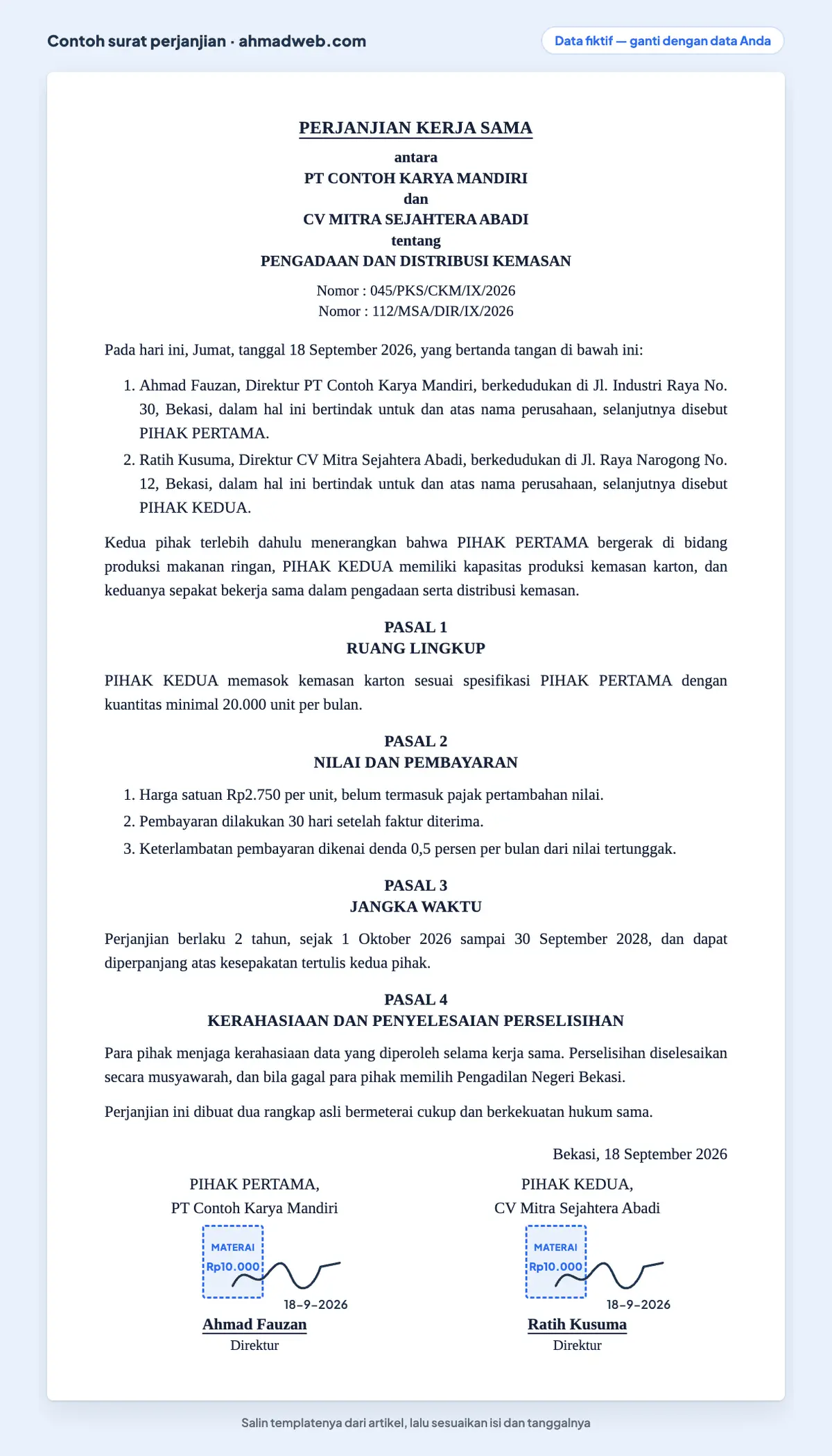 Contoh surat kerjasama perusahaan, yaitu perjanjian kerja sama berbentuk kontrak, yang sudah diisi dengan nomor ganda, komparisi jabatan, dan stempel kedua pihak