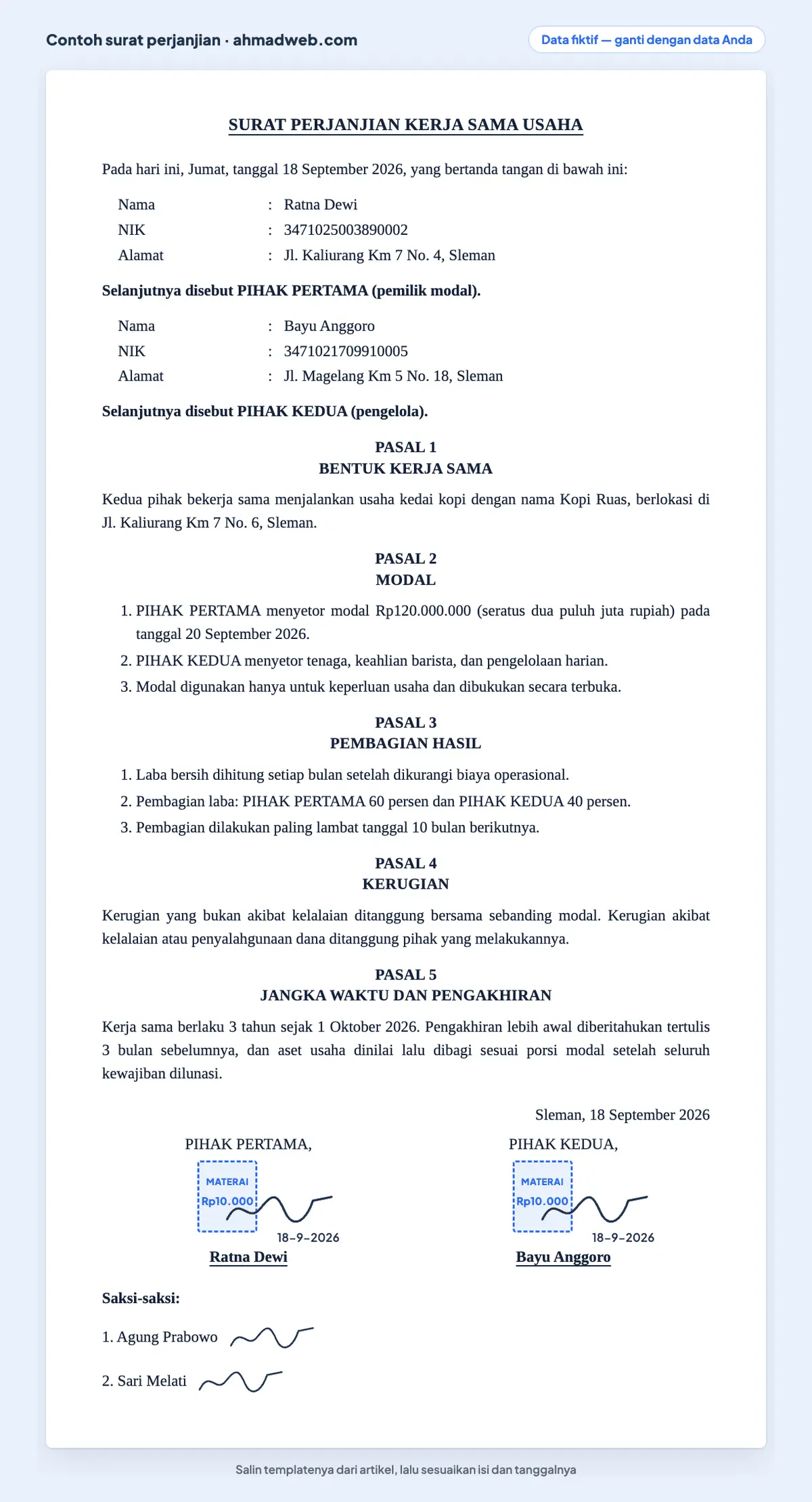 Contoh surat perjanjian kerjasama usaha 2 orang dengan pola bagi hasil, dipakai juga sebagai surat perjanjian investasi, berisi setoran modal dan porsi laba