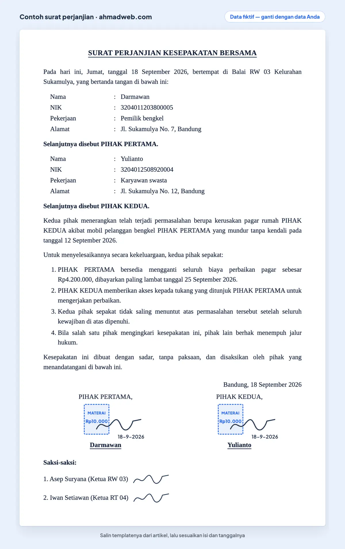 Contoh surat perjanjian kesepakatan bersama yang sudah diisi dengan kronologi masalah, nilai penggantian, tenggat, dan tanda tangan ketua RW sebagai saksi