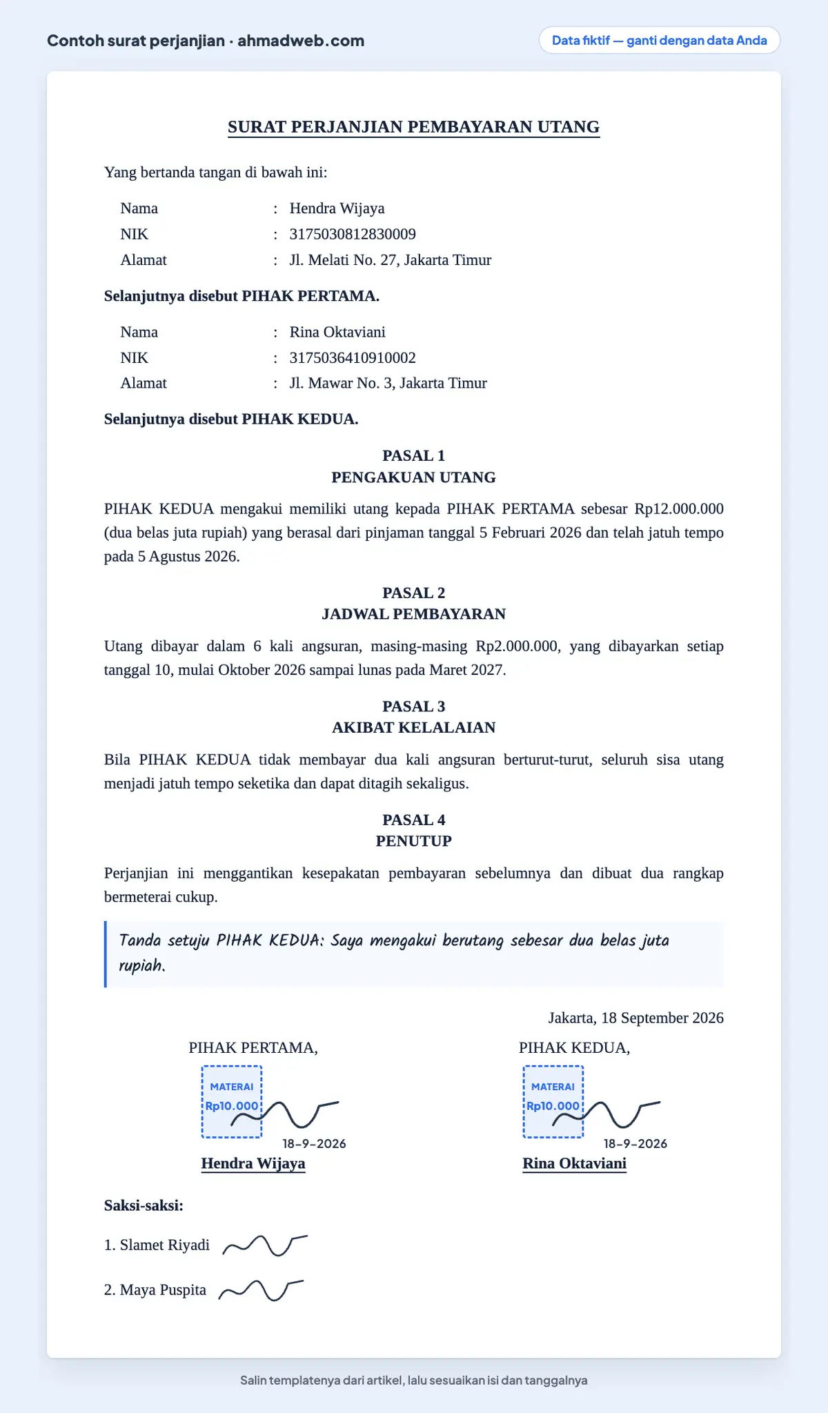 Contoh surat perjanjian pembayaran hutang yang sudah jatuh tempo lalu dijadwal ulang menjadi enam kali angsuran, lengkap dengan akibat kelalaian