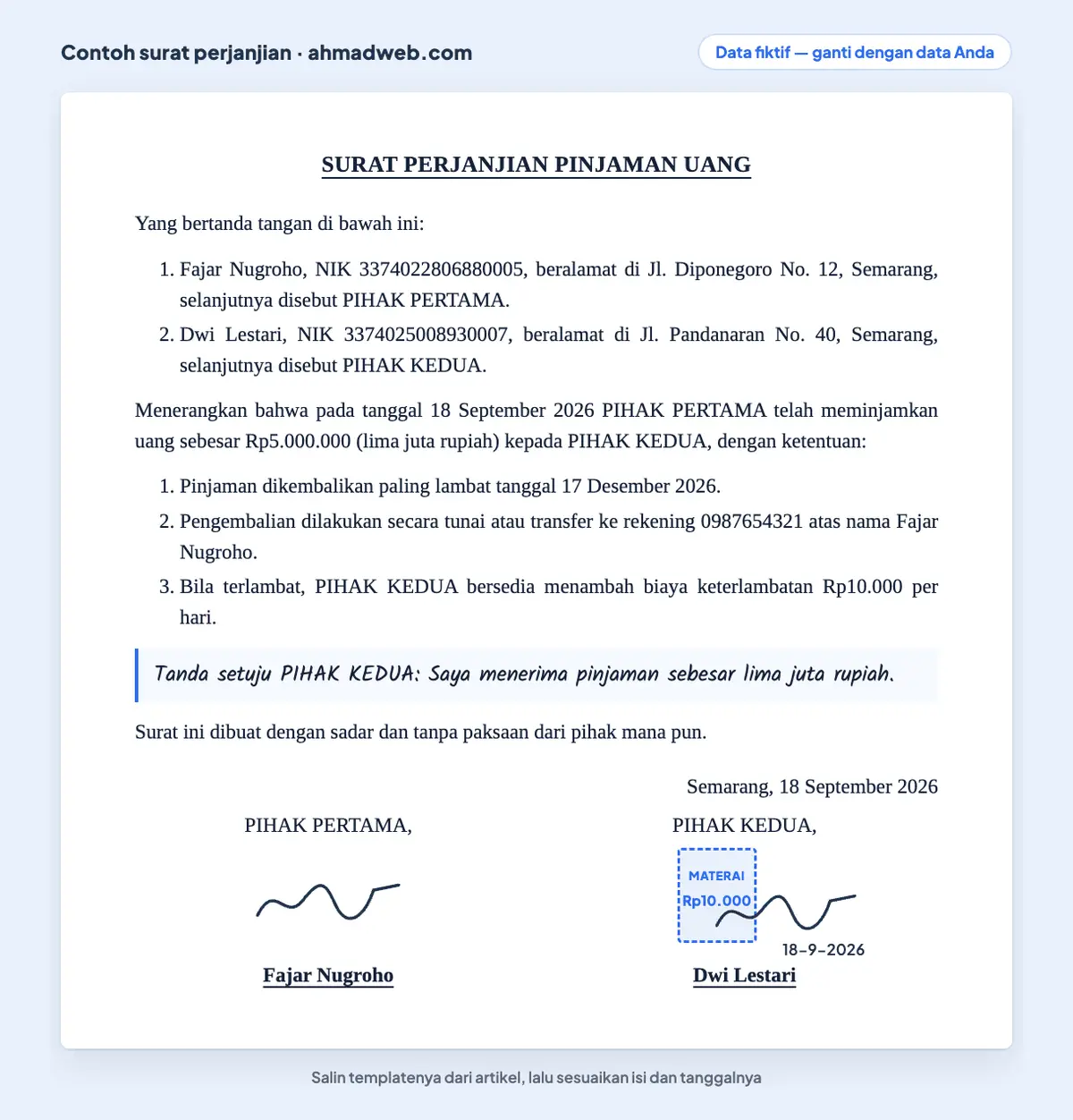 Contoh surat perjanjian pinjam uang tanpa jaminan yang sudah diisi, memuat tanda setuju yang ditulis tangan oleh penerima pinjaman