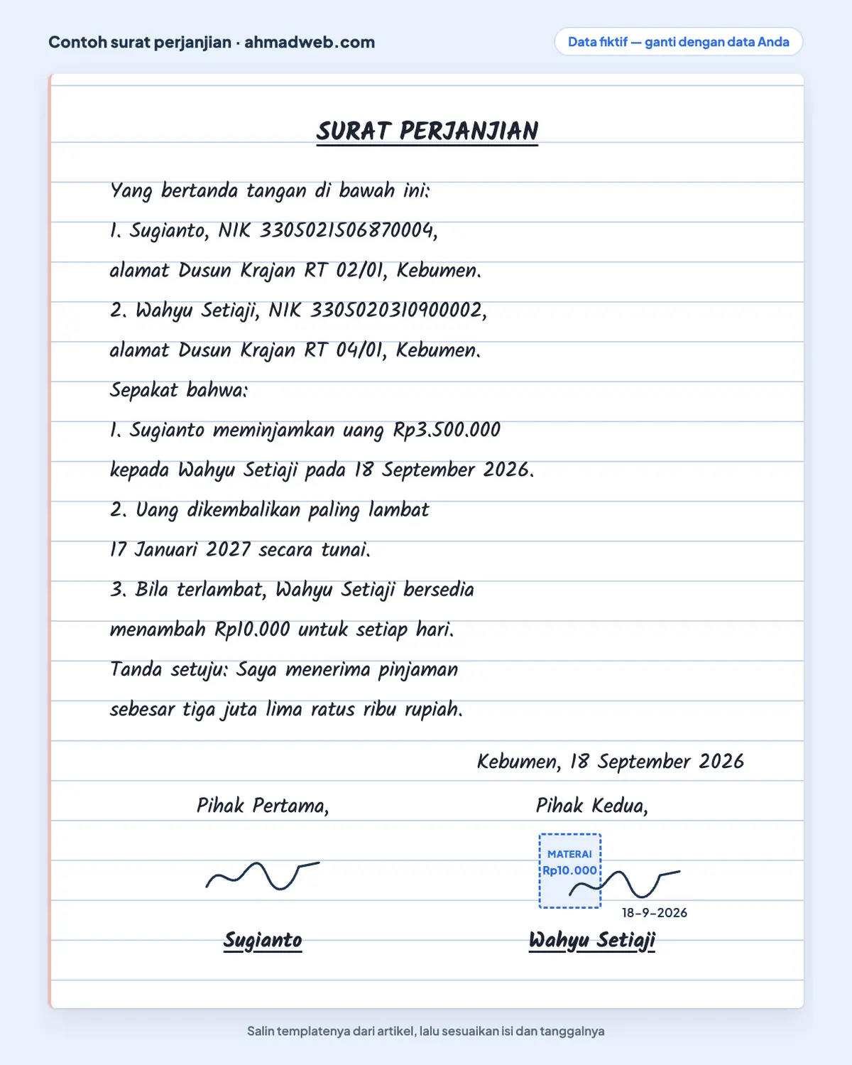 Contoh surat perjanjian tulis tangan yang sudah diisi di atas kertas bergaris, memuat identitas kedua pihak, nilai pinjaman, tenggat, dan tanda setuju penerima