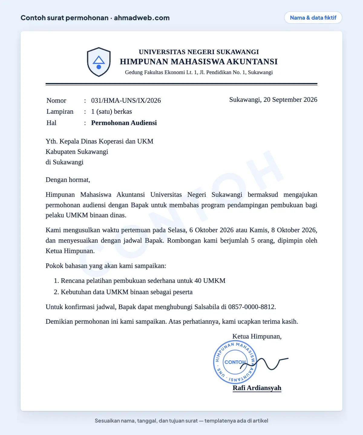 Contoh surat permohonan audiensi yang sudah diisi dari himpunan mahasiswa kepada kepala dinas dengan dua pilihan tanggal dan pokok bahasan