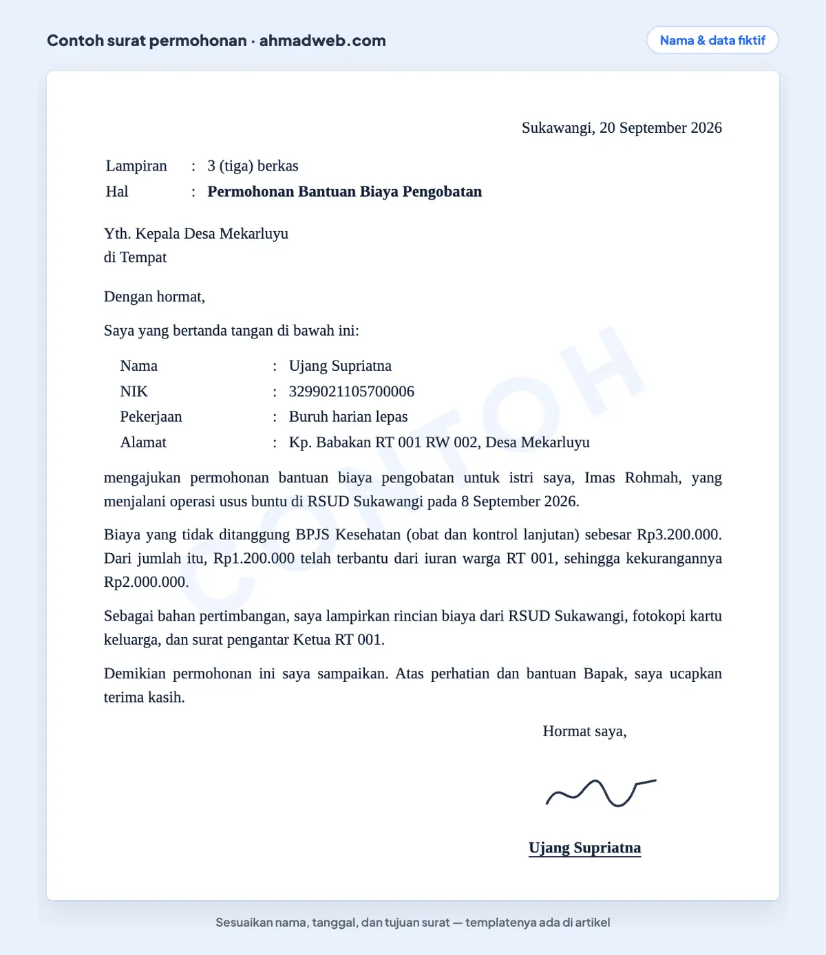 Contoh surat permohonan bantuan pribadi yang sudah diisi dari warga kepada kepala desa untuk bantuan biaya pengobatan, dengan rincian biaya rumah sakit dan kekurangan yang belum tertutup