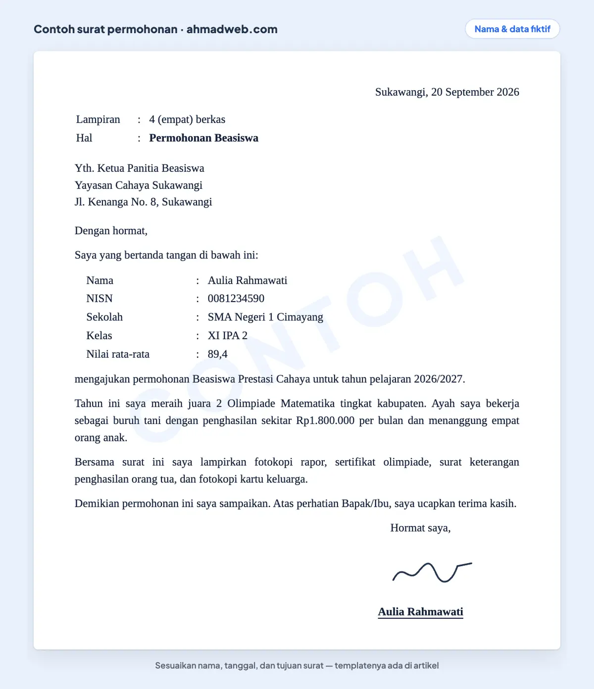 Contoh surat permohonan beasiswa yang sudah diisi dari siswa SMA kepada yayasan, memuat nilai rata-rata, prestasi lomba, dan kondisi penghasilan orang tua