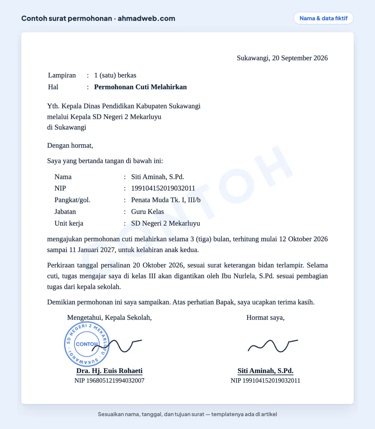 Contoh surat permohonan cuti melahirkan guru PNS yang sudah diisi kepada kepala dinas pendidikan melalui kepala sekolah, dengan rentang tanggal cuti dan nama guru pengganti