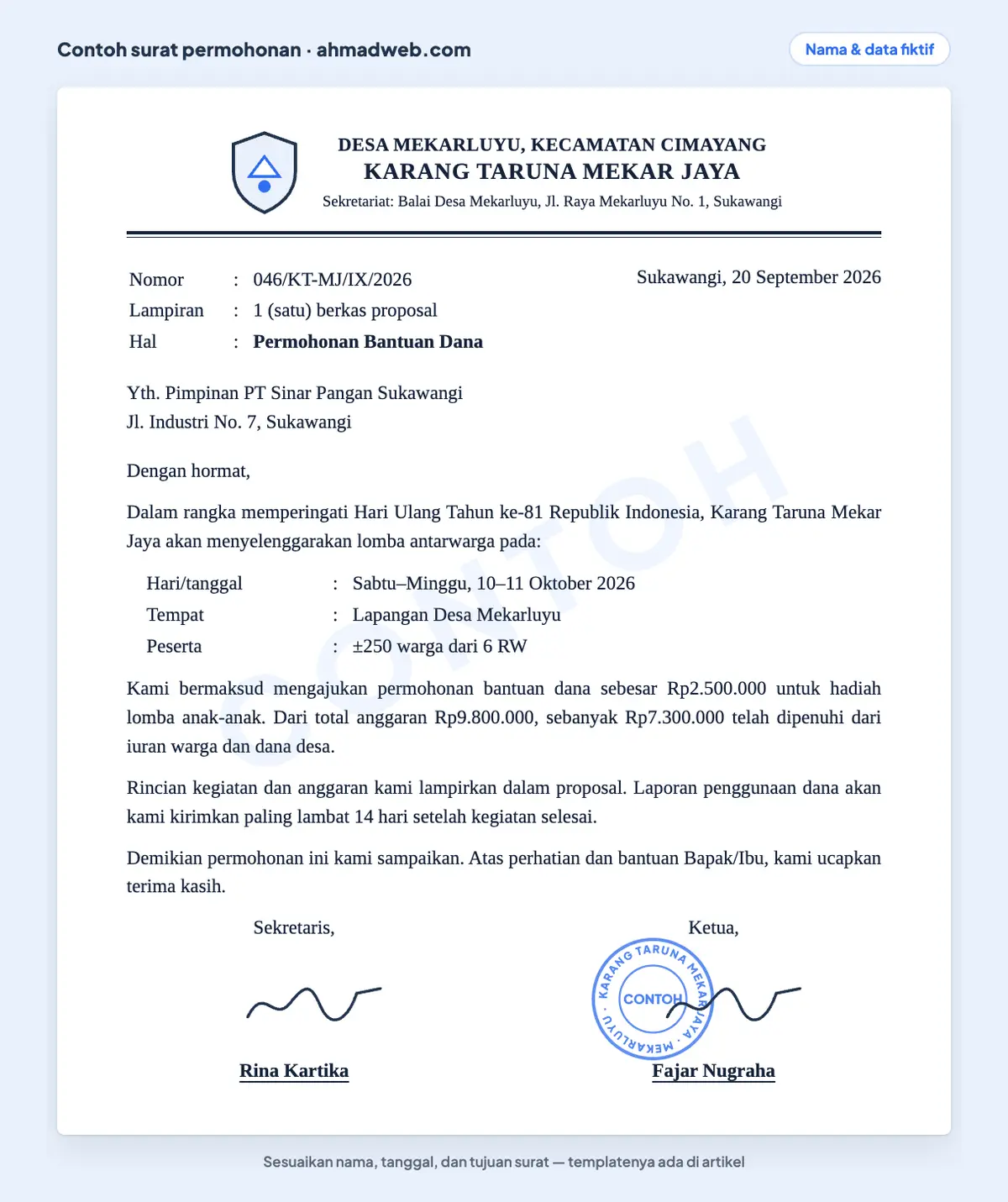 Contoh surat permohonan dana, yaitu surat permohonan bantuan dana kegiatan dari panitia peringatan kemerdekaan kepada perusahaan, sekaligus contoh surat pengajuan dana dengan jumlah dan rincian kegiatan