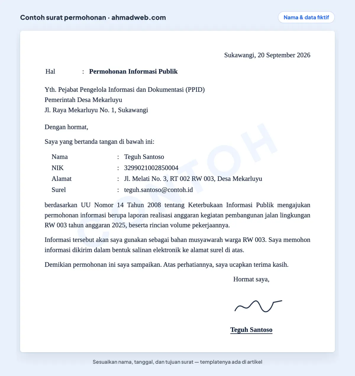 Contoh surat permohonan informasi publik yang sudah diisi dari warga kepada PPID pemerintah desa untuk meminta dokumen realisasi anggaran pembangunan jalan tahun 2025