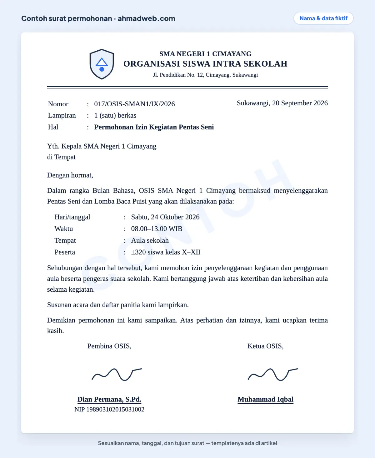 Contoh surat permohonan izin kegiatan yang sudah diisi dari OSIS kepada kepala sekolah untuk penggunaan aula pentas seni, dengan waktu, jumlah peserta, dan penanggung jawab