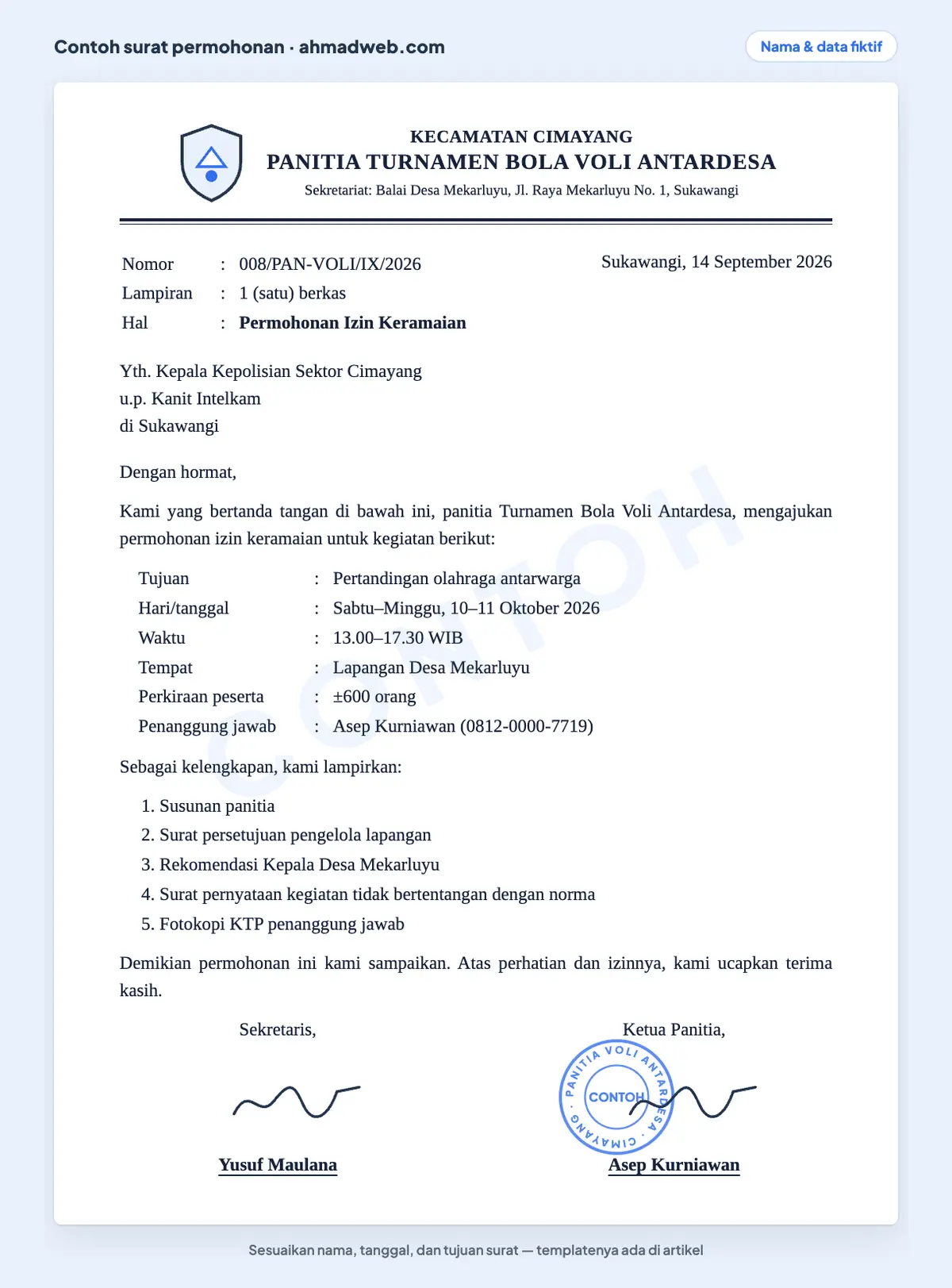 Contoh surat permohonan izin keramaian yang sudah diisi dari panitia turnamen bola voli antardesa kepada Kapolsek, dengan jumlah peserta, penanggung jawab, dan lima lampiran