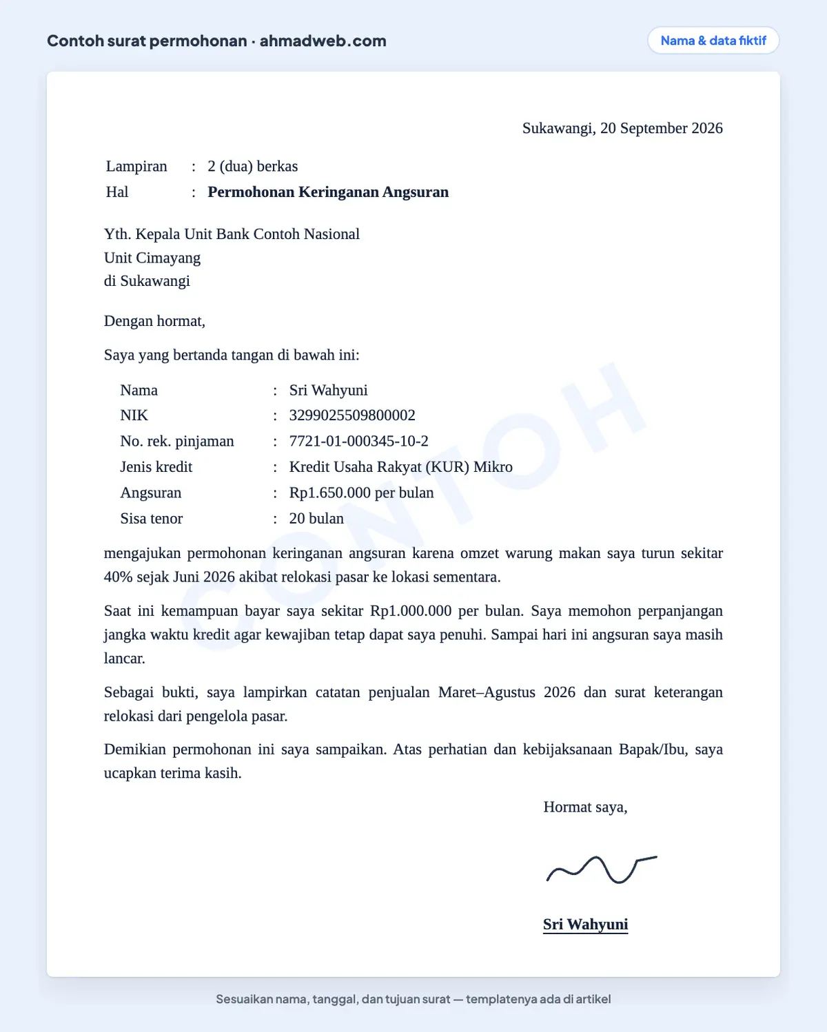 Contoh surat permohonan keringanan angsuran kredit usaha rakyat yang sudah diisi dari pedagang kepada kepala unit bank, dengan penurunan omzet dan kemampuan bayar per bulan