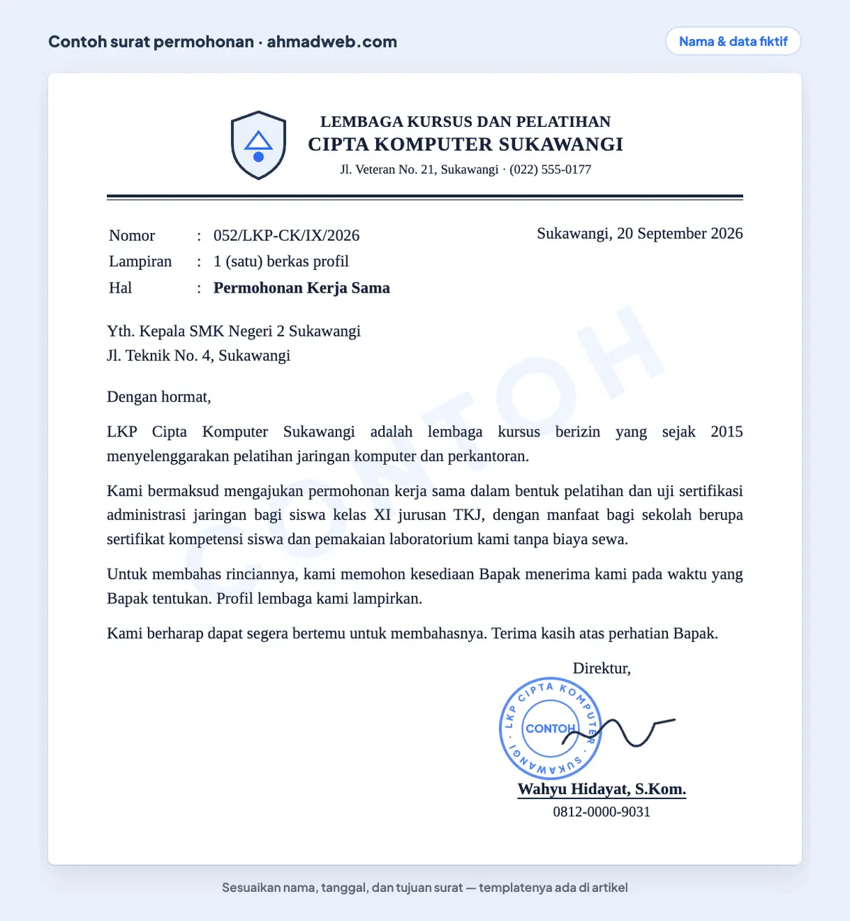 Contoh surat permohonan kerjasama (bentuk bakunya kerja sama) yang sudah diisi dari lembaga kursus komputer kepada SMK untuk program pelatihan dan sertifikasi siswa