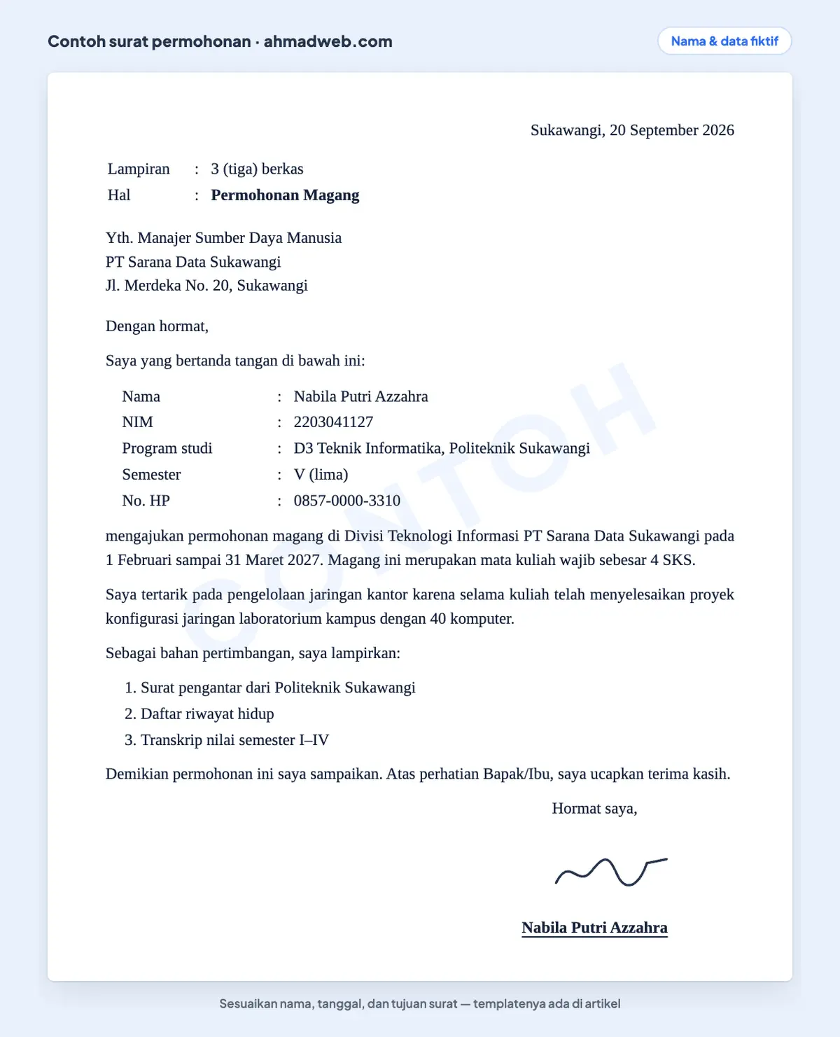 Contoh surat permohonan magang mahasiswa yang sudah diisi kepada manajer SDM perusahaan, dengan periode magang, jumlah SKS, bidang yang diminati, dan daftar lampiran