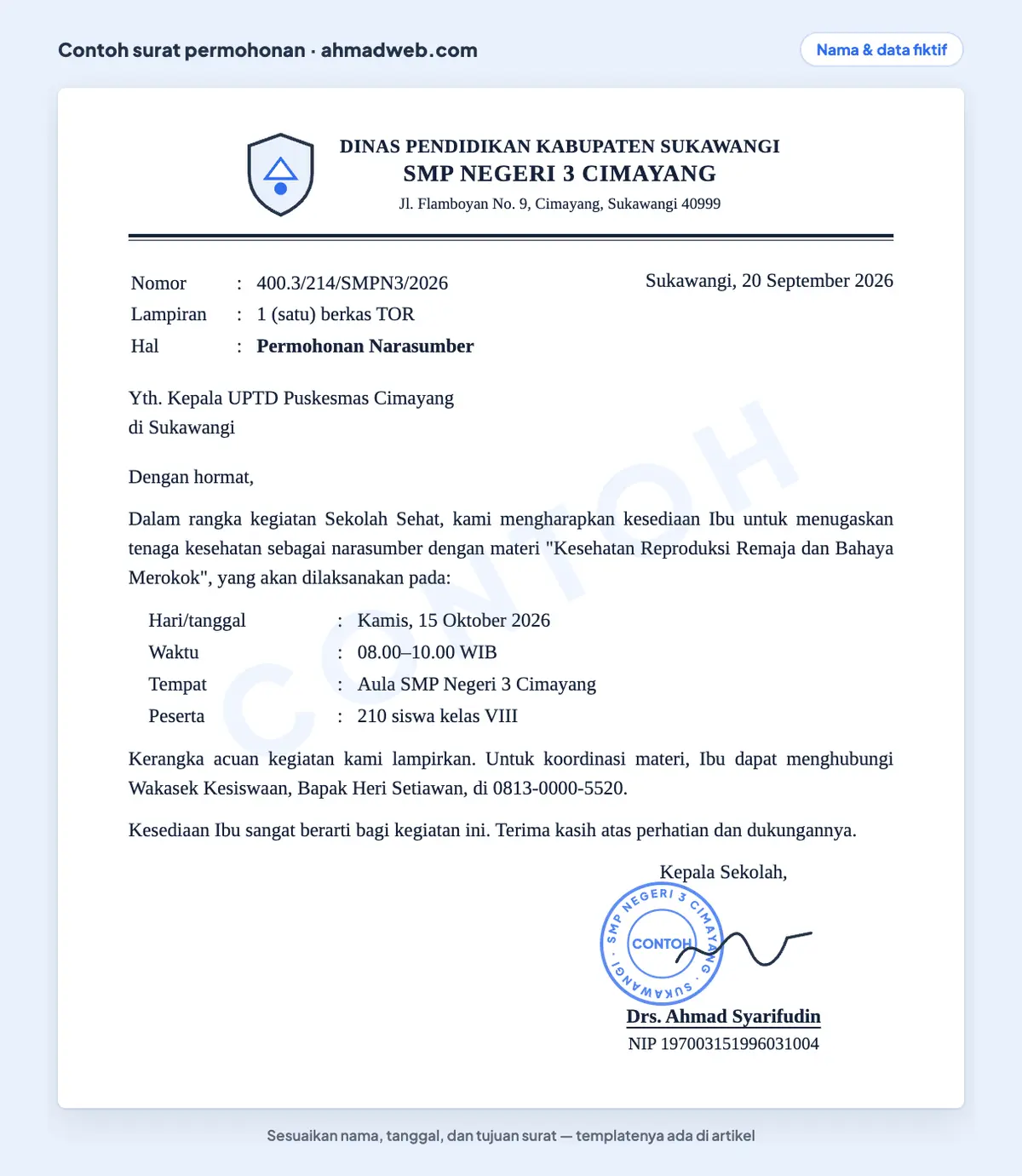 Contoh surat permohonan narasumber yang sudah diisi dari sekolah kepada puskesmas untuk menugaskan tenaga kesehatan mengisi penyuluhan siswa
