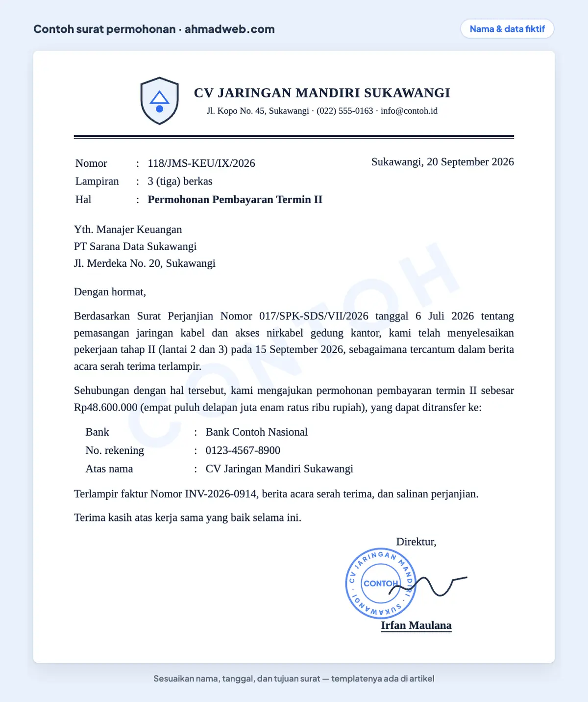 Contoh surat permohonan pembayaran termin yang sudah diisi dari kontraktor jaringan kepada manajer keuangan pelanggan, dengan nomor kontrak, nilai tagihan, dan rekening tujuan