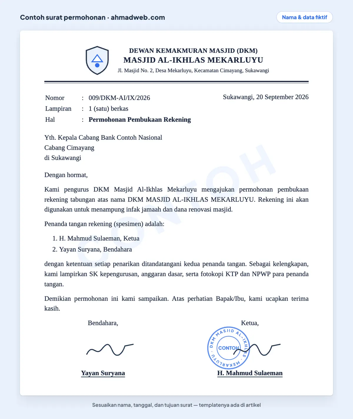 Contoh surat permohonan pembukaan rekening organisasi yang sudah diisi dari pengurus dewan kemakmuran masjid kepada kepala cabang bank, dengan dua penanda tangan rekening