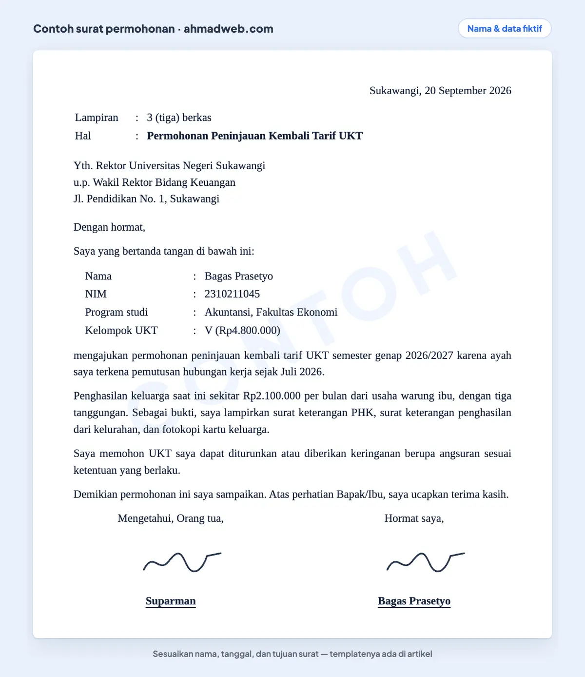 Contoh surat permohonan penurunan UKT yang sudah diisi dari mahasiswa kepada rektor karena orang tua terkena PHK, disertai rincian penghasilan dan tanda tangan orang tua
