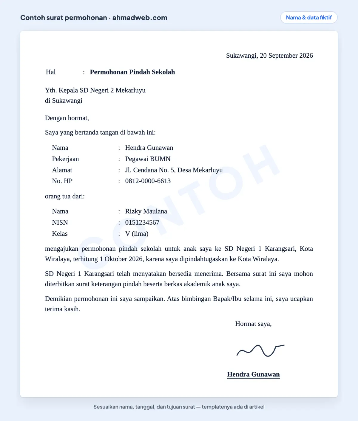 Contoh surat permohonan pindah sekolah dari orang tua yang sudah diisi, ditujukan kepada kepala SD asal dengan identitas siswa, NISN, dan alasan pindah domisili