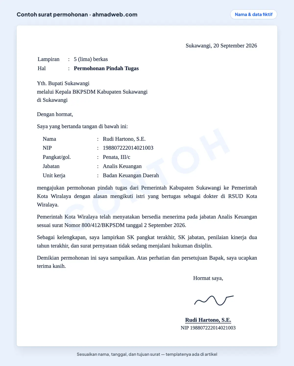 Contoh surat permohonan pindah tugas PNS antar instansi, atau contoh surat permohonan mutasi, yang sudah diisi pegawai kepada pejabat pembina kepegawaian dengan alasan mengikuti pasangan