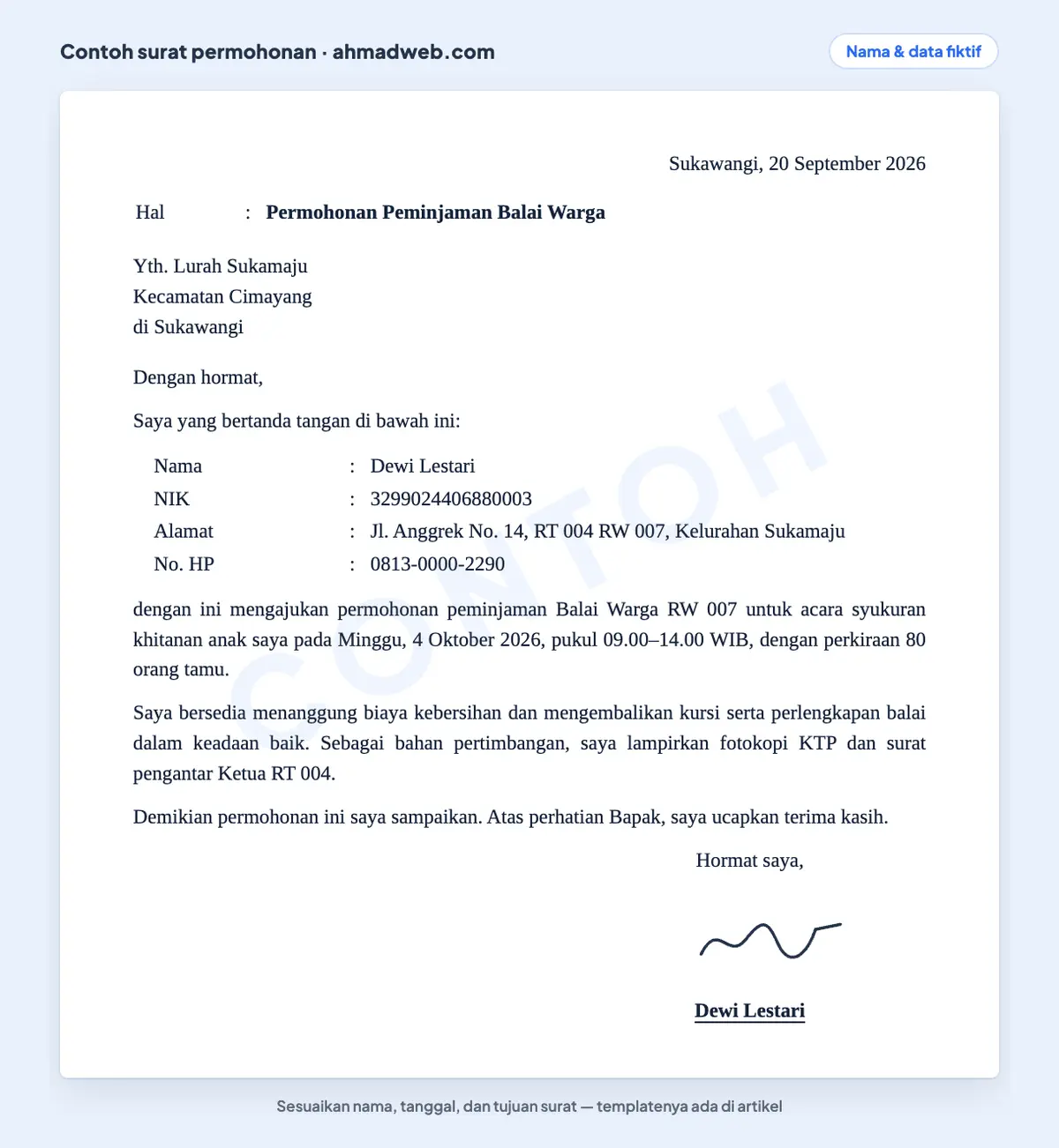 Contoh surat permohonan pribadi yang sudah diisi dari warga kepada kepala kelurahan untuk peminjaman balai warga, dengan identitas pemohon dan tanda tangan