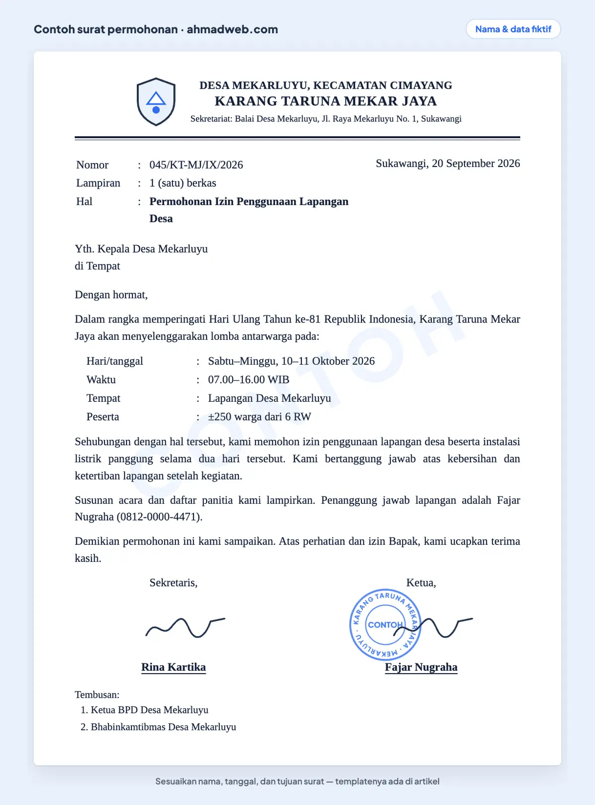 Contoh surat permohonan resmi yang sudah diisi dari karang taruna kepada kepala desa untuk izin penggunaan lapangan, lengkap dengan kop, nomor, hal, tanda tangan ketua dan sekretaris, cap, serta tembusan