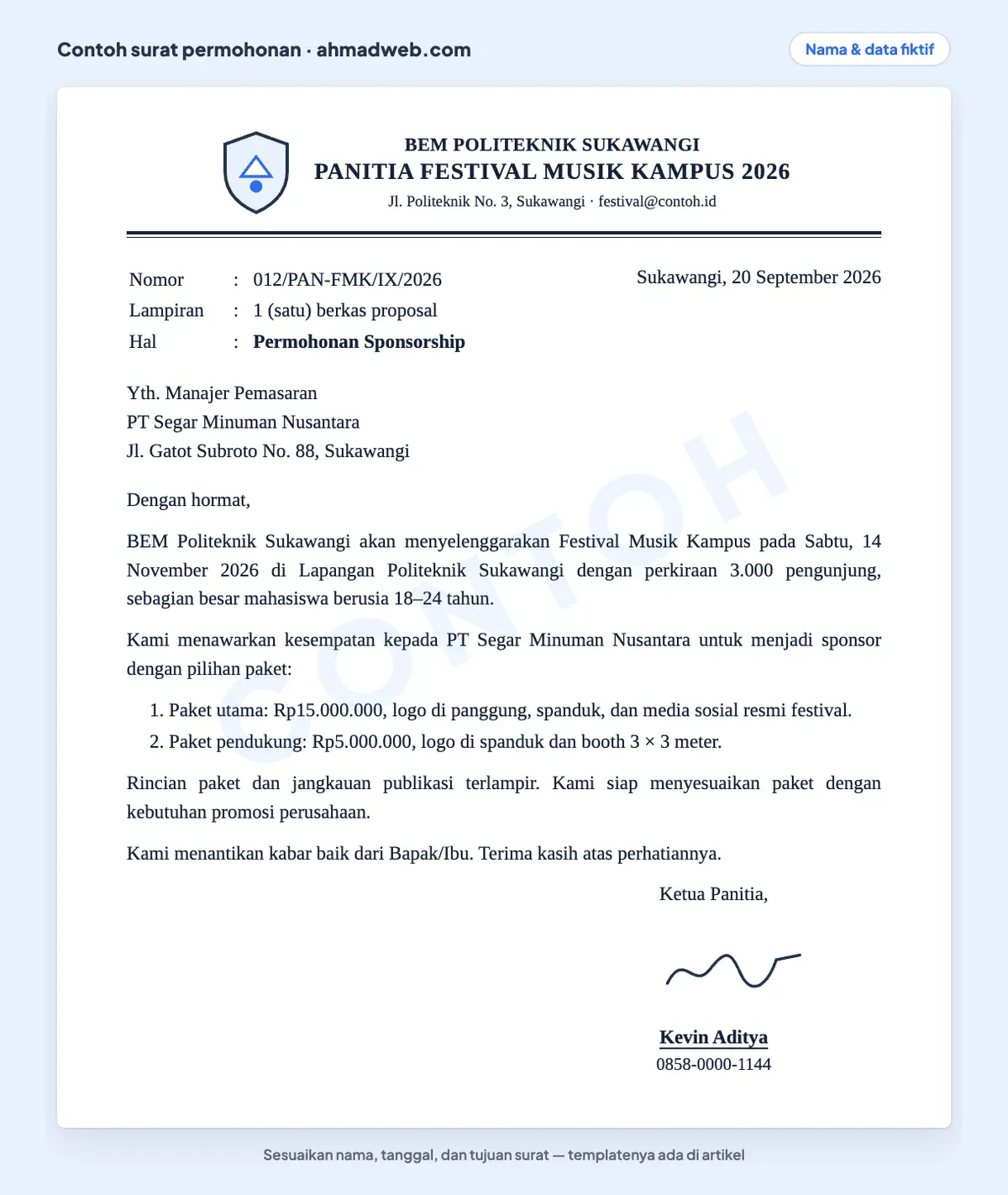 Contoh surat permohonan sponsorship yang sudah diisi untuk festival musik kampus dengan dua pilihan paket sponsor dan jumlah pengunjung