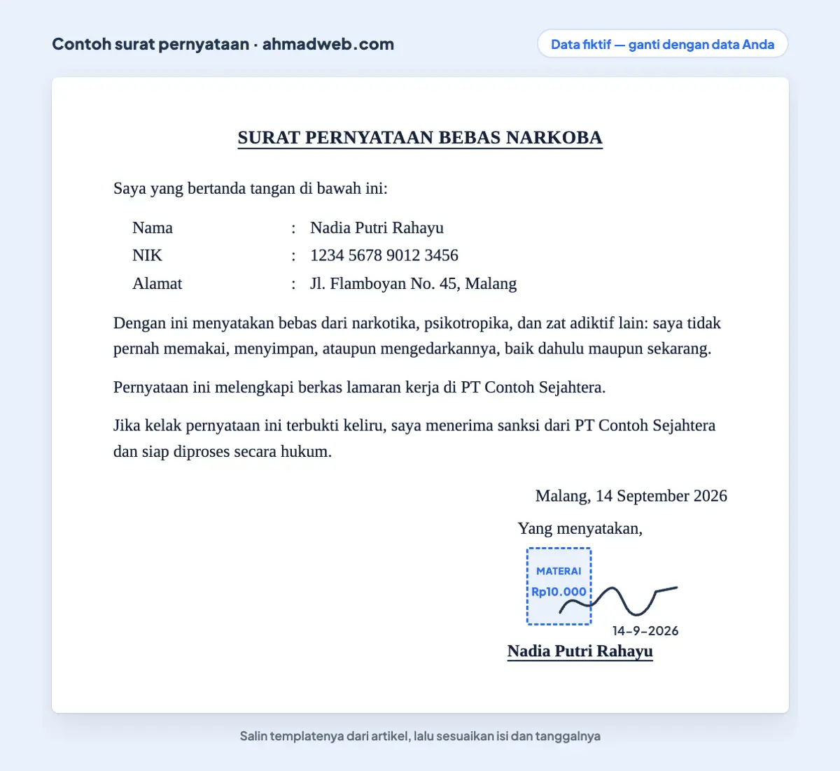 Contoh surat pernyataan bebas narkoba untuk berkas lamaran kerja dengan data fiktif dan tanda tangan di atas materai Rp10.000