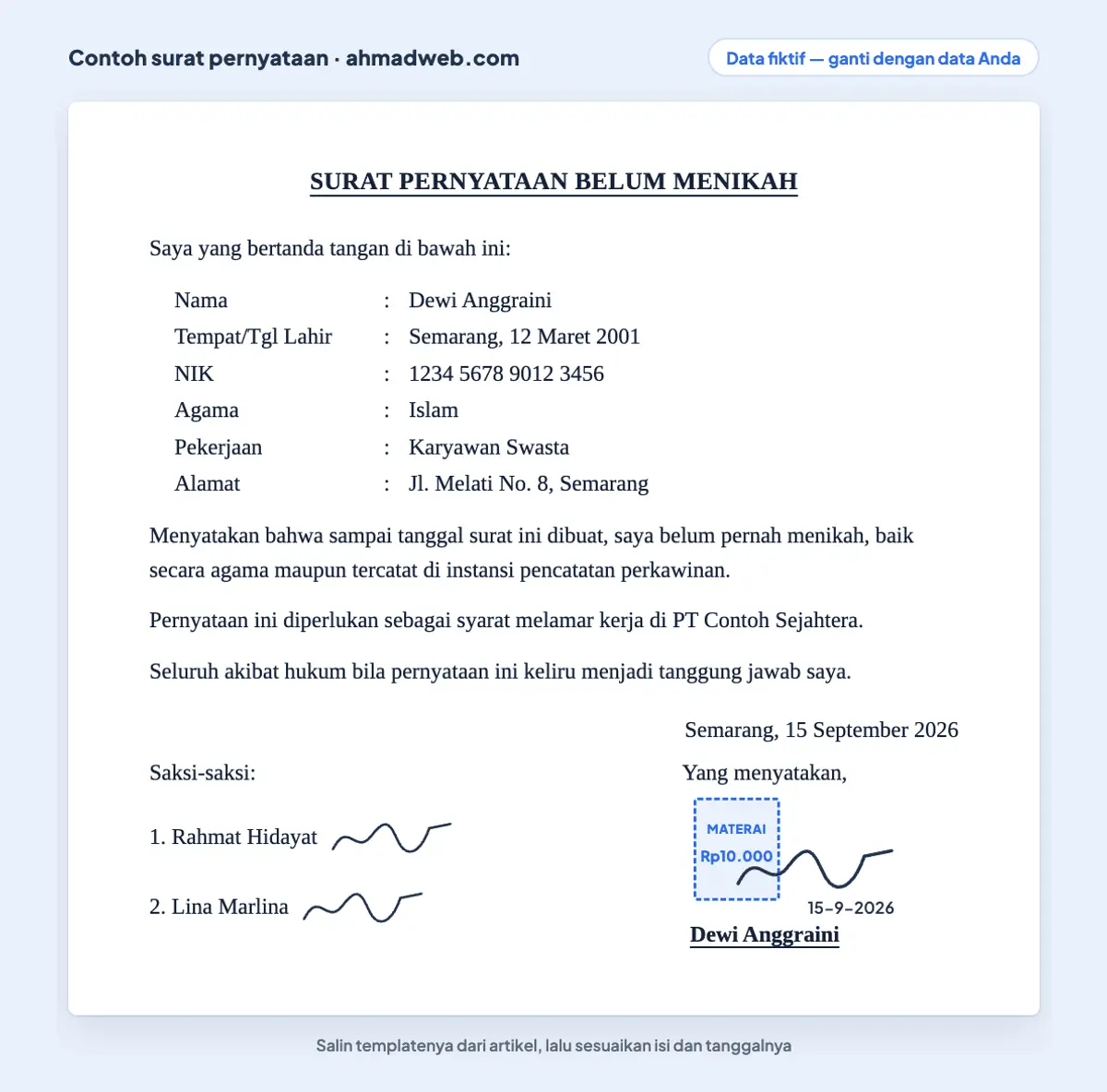 Contoh surat pernyataan belum menikah bermaterai dengan dua saksi, data diri fiktif, dan tanda tangan yang mengenai materai Rp10.000