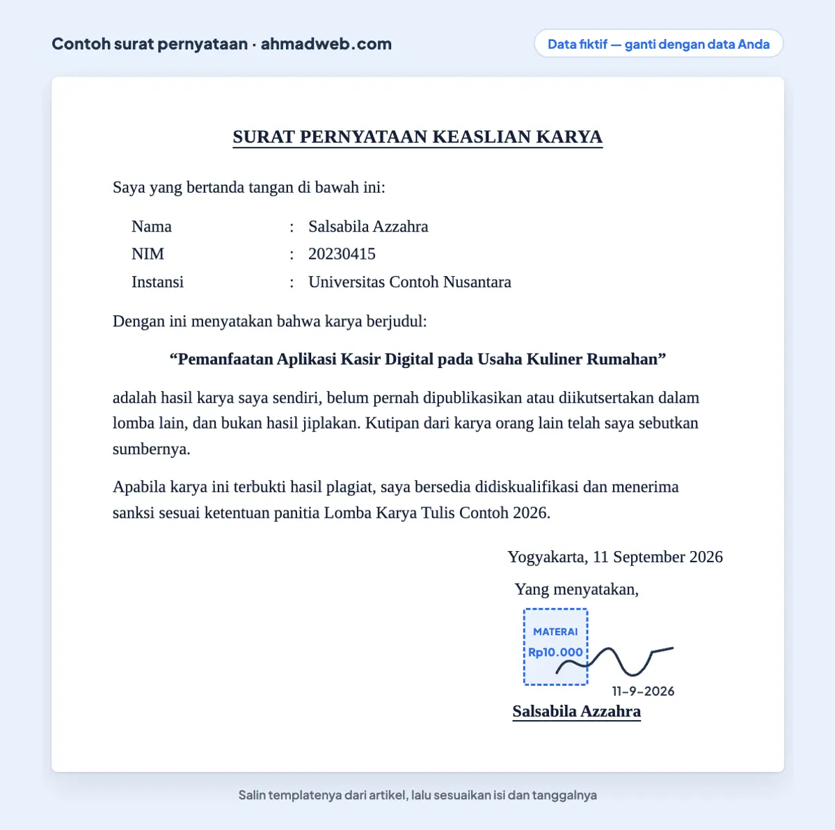 Contoh surat pernyataan keaslian karya untuk lomba karya tulis, berisi judul karya, pernyataan bukan jiplakan, dan tanda tangan di atas materai