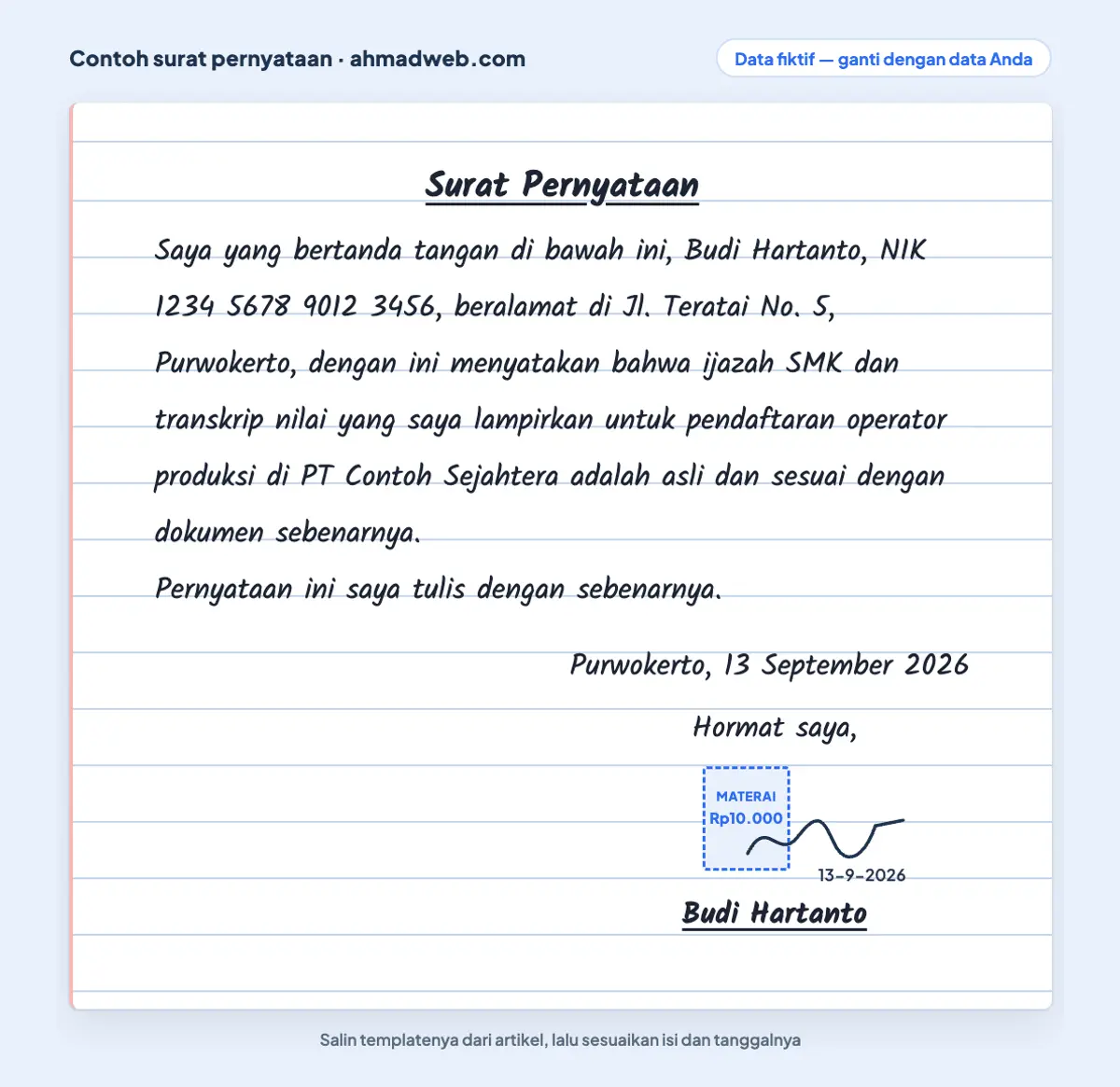 Contoh surat pernyataan tulis tangan bermaterai di kertas folio bergaris tentang keaslian ijazah, lengkap dengan tanggal penandatanganan