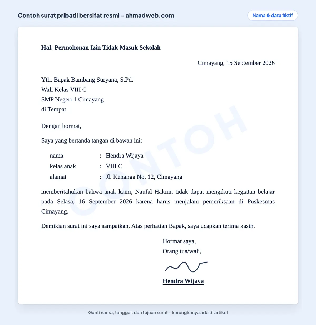 Contoh surat pribadi resmi berupa surat izin tidak masuk sekolah dengan bagian Hal, sapaan Yth, dan blok identitas orang tua