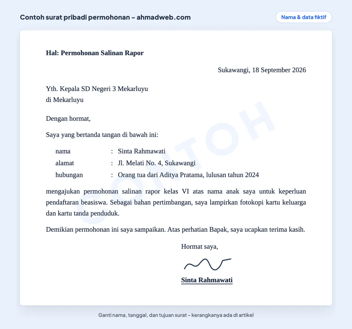 Contoh surat pribadi resmi berupa permohonan salinan rapor yang diajukan perseorangan ke sekolah, lengkap dengan identitas pemohon dan lampiran