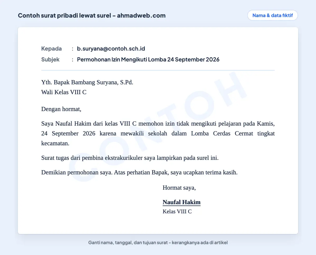 Contoh surat elektronik untuk guru: surel permohonan izin dengan kolom subjek yang menyebut maksud surat, salam pembuka, dan nama pengirim di akhir