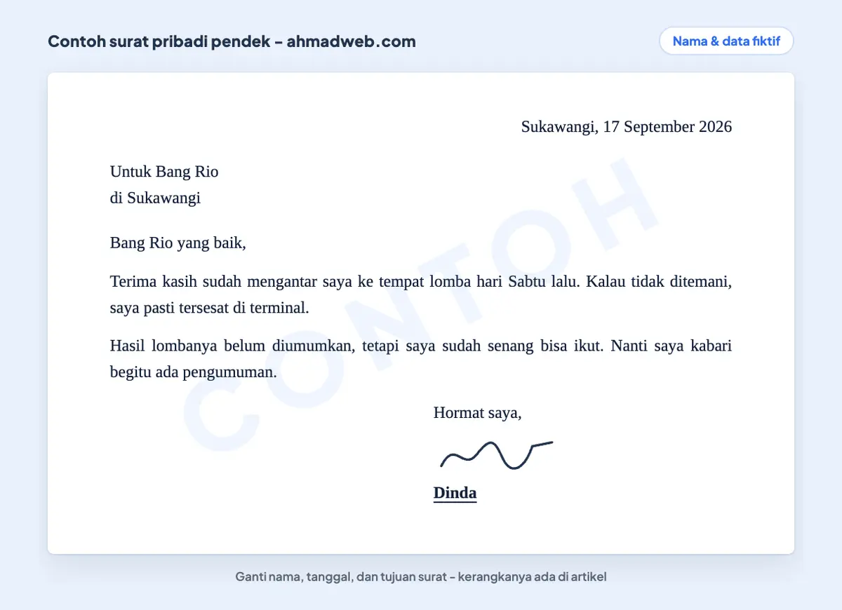 Contoh surat pribadi pendek berisi ucapan terima kasih kepada orang yang lebih tua dengan kata ganti saya
