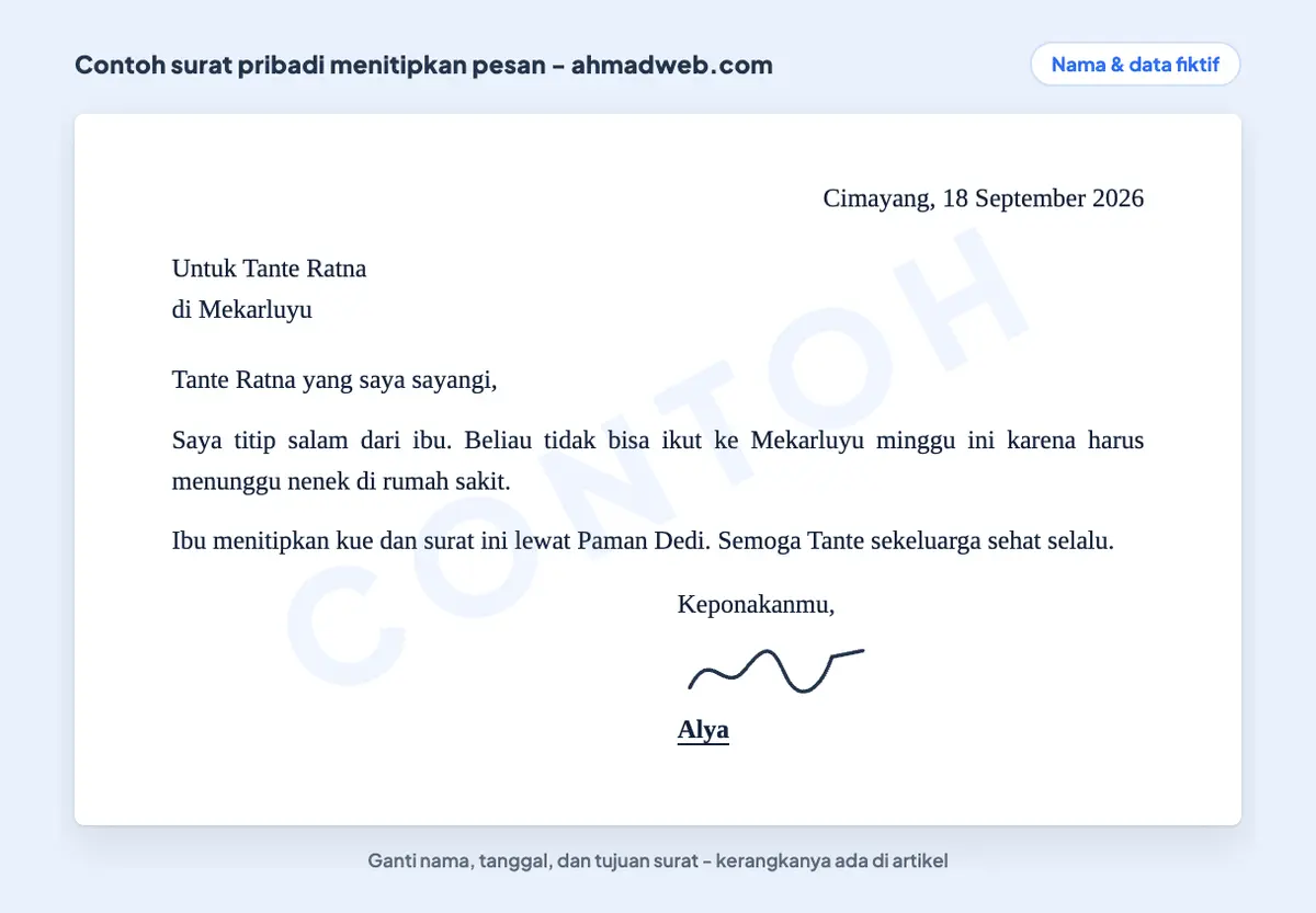 Contoh surat pribadi singkat untuk menitipkan salam dan pesan kepada kerabat yang tinggal di kota lain