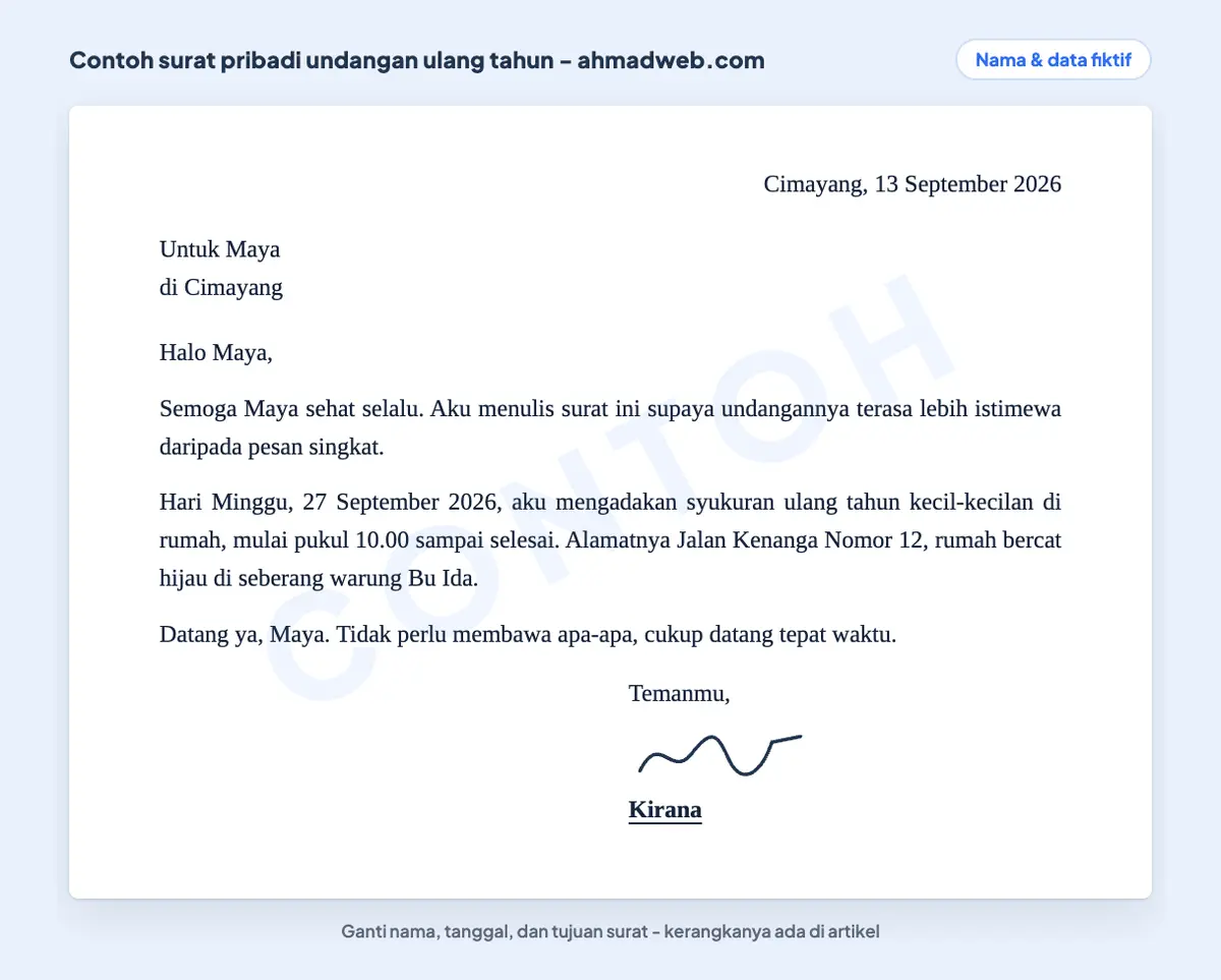Contoh surat untuk teman sekelas berupa undangan ulang tahun yang mencantumkan hari, tanggal, jam, dan alamat lengkap