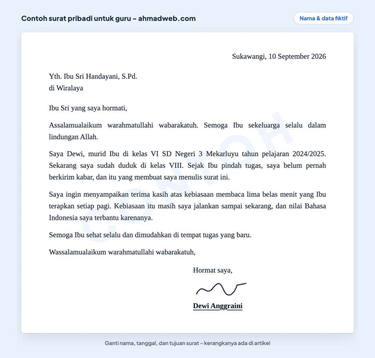 Contoh surat pribadi untuk guru yang sudah pindah tugas, berisi ucapan terima kasih dengan sapaan Yth dan kata ganti saya