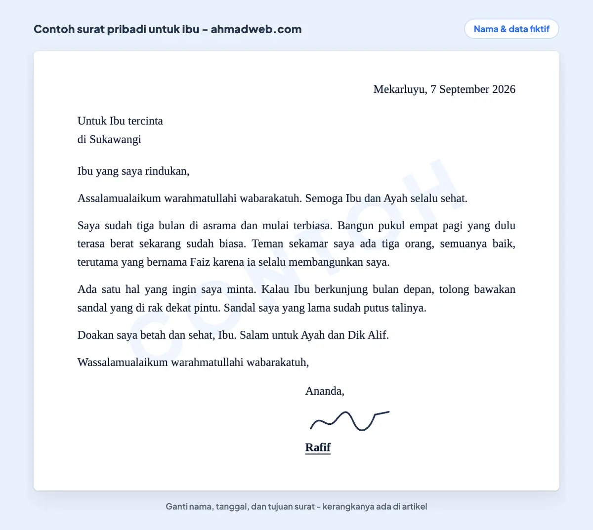 Contoh surat pribadi untuk ibu yang ditulis anak dari asrama, berisi kabar kegiatan harian dan satu permintaan sederhana