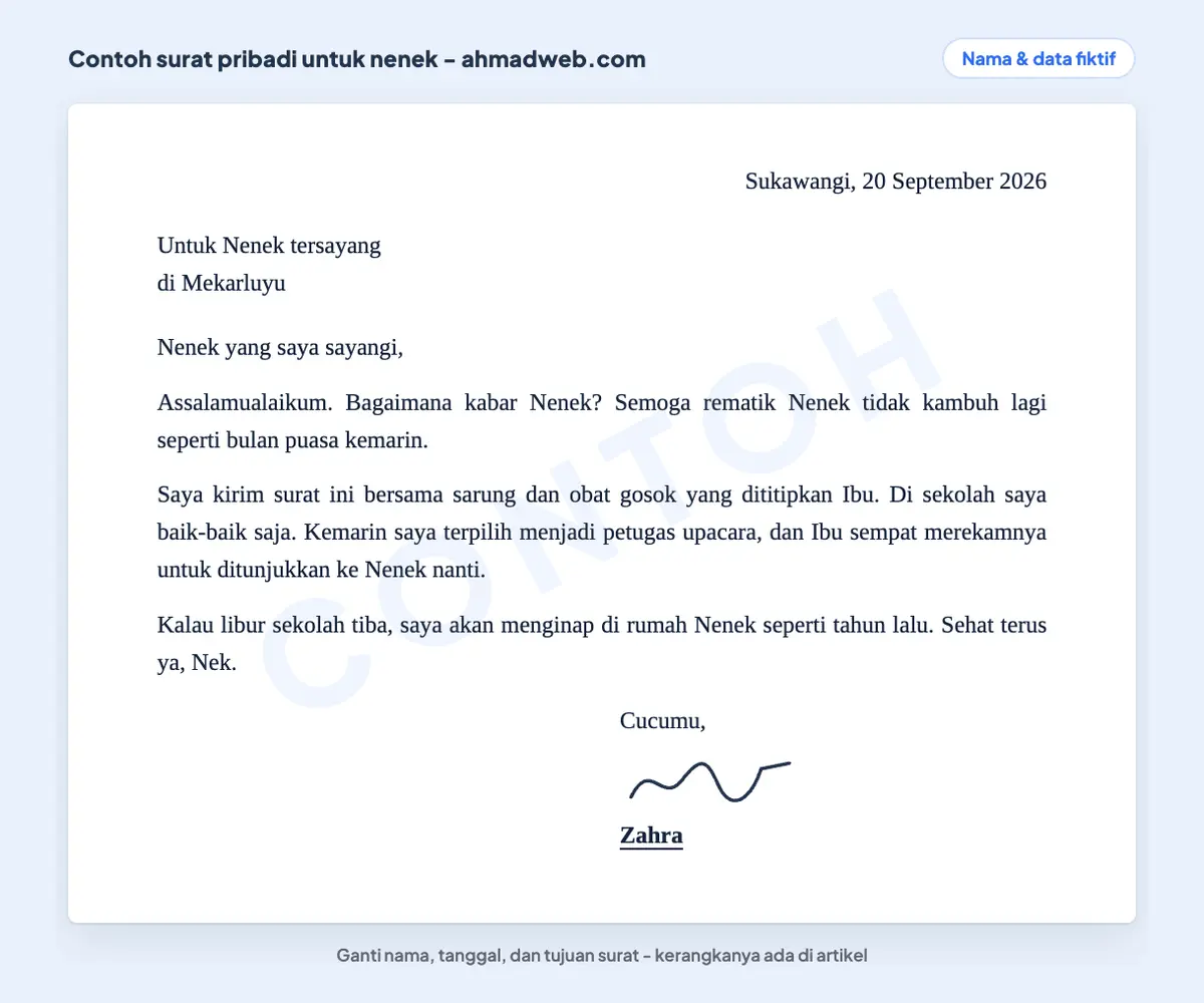 Contoh surat pribadi untuk saudara, yaitu surat untuk nenek di kampung yang ditulis cucu, berisi kabar sekolah dan barang kiriman yang disertakan