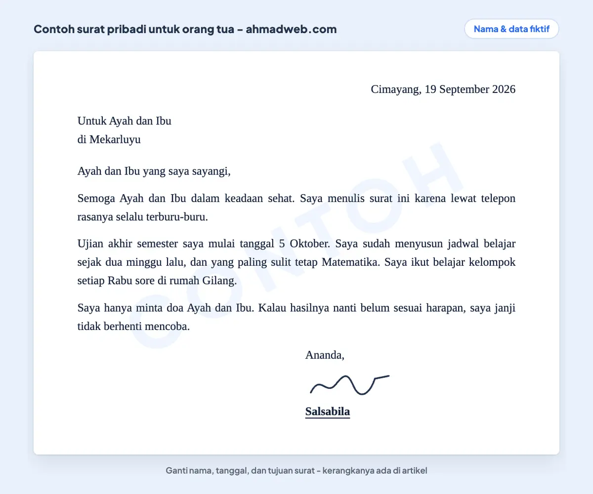 Contoh surat pribadi untuk orang tua menjelang ujian akhir semester, berisi rencana belajar dan permintaan doa