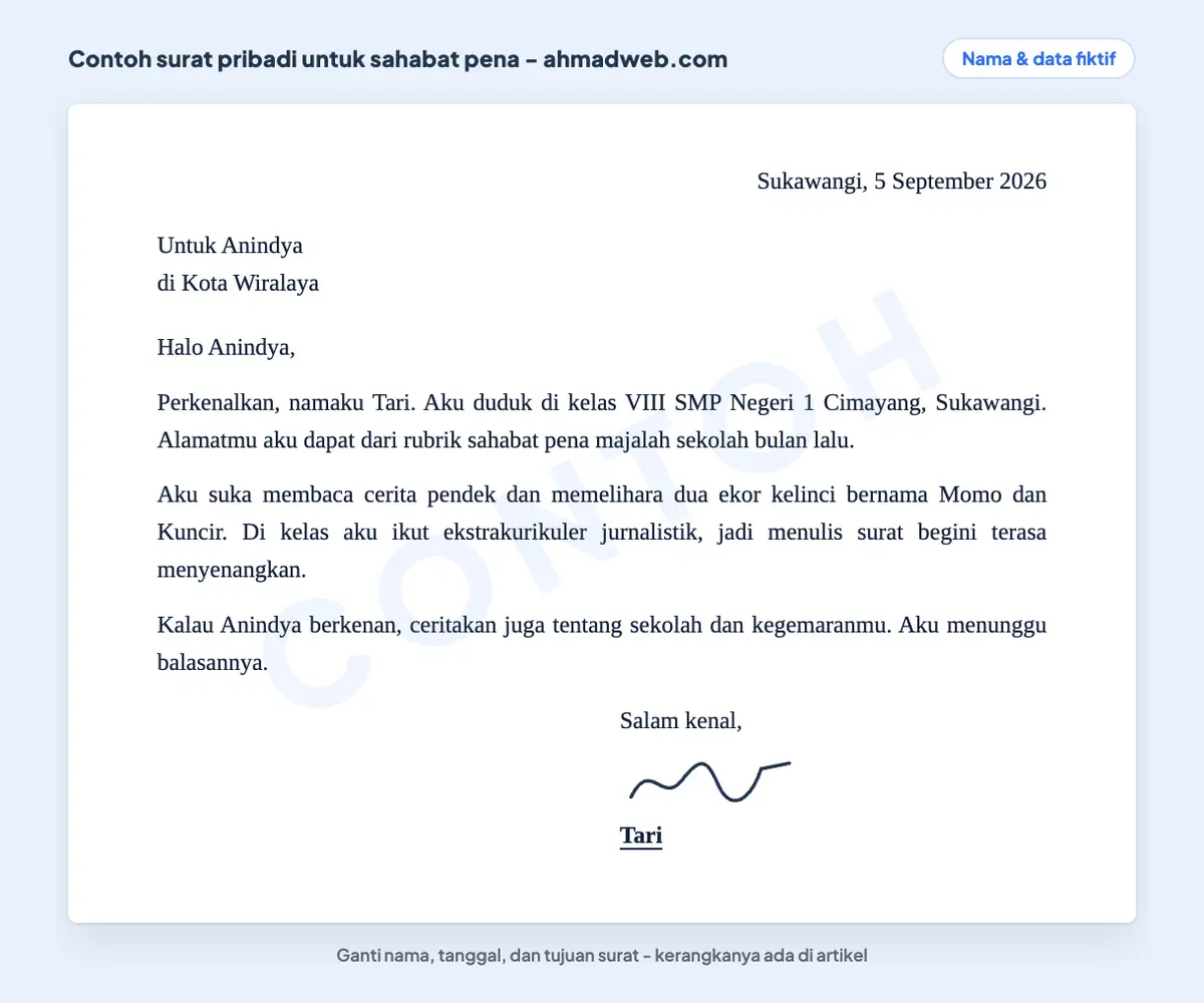 Contoh surat pribadi untuk sahabat pena yang diawali perkenalan diri, asal sekolah, dan kegemaran penulisnya