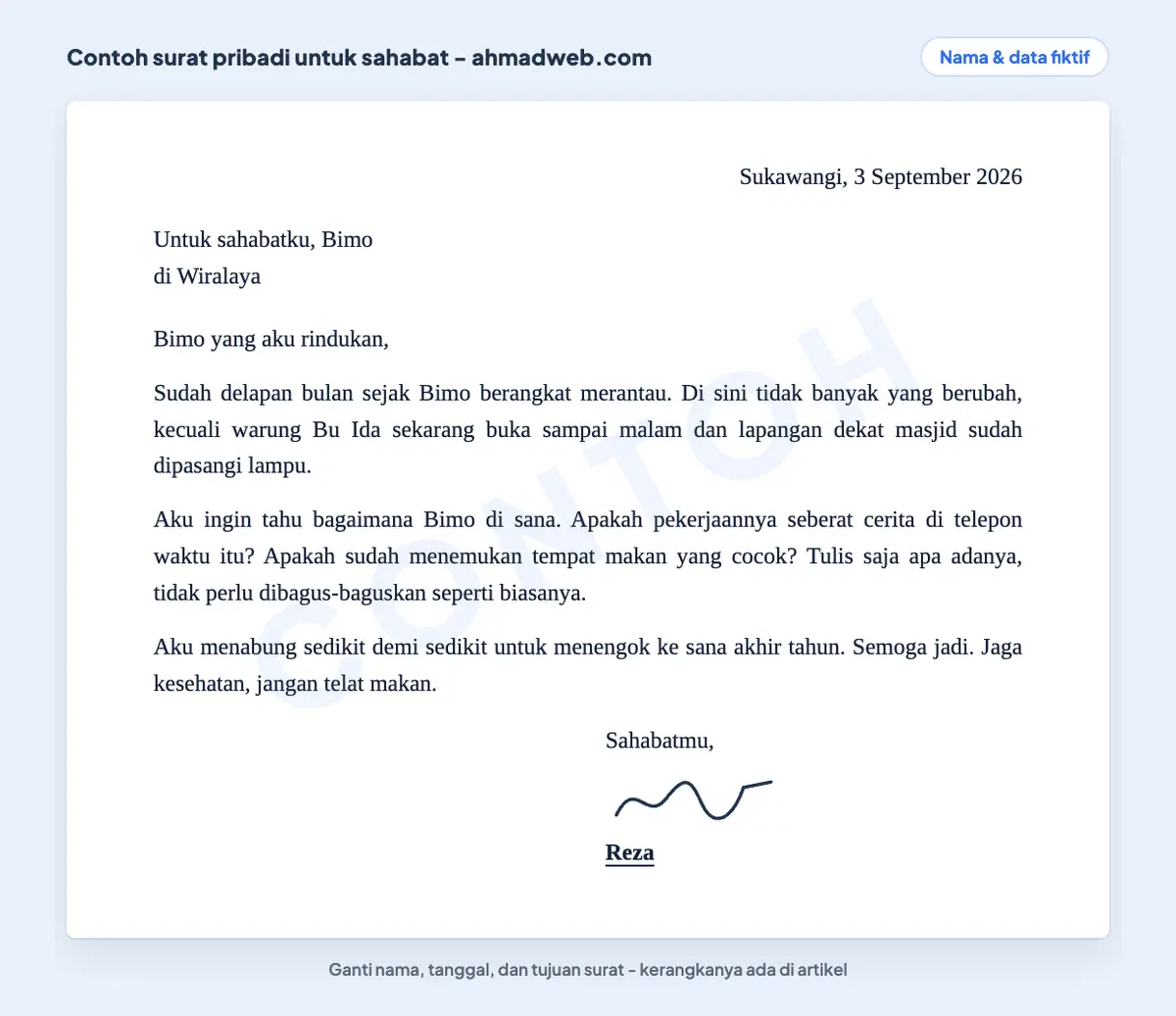 Contoh surat untuk sahabat terbaik yang merantau ke kota lain, berisi kabar kampung halaman dan pertanyaan tentang keadaannya
