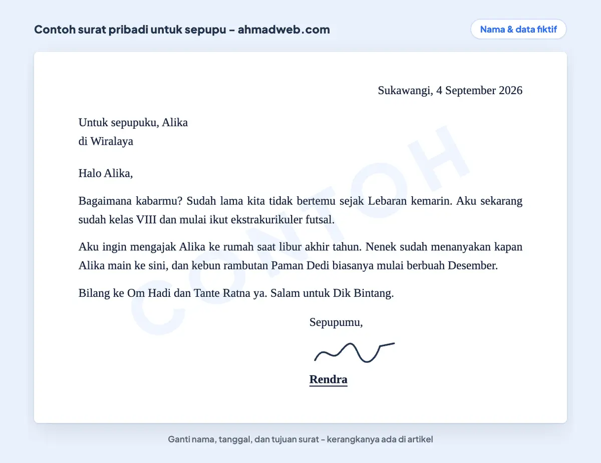 Contoh surat untuk saudara sepupu berisi ajakan berkunjung saat libur akhir tahun dan titipan salam untuk keluarga