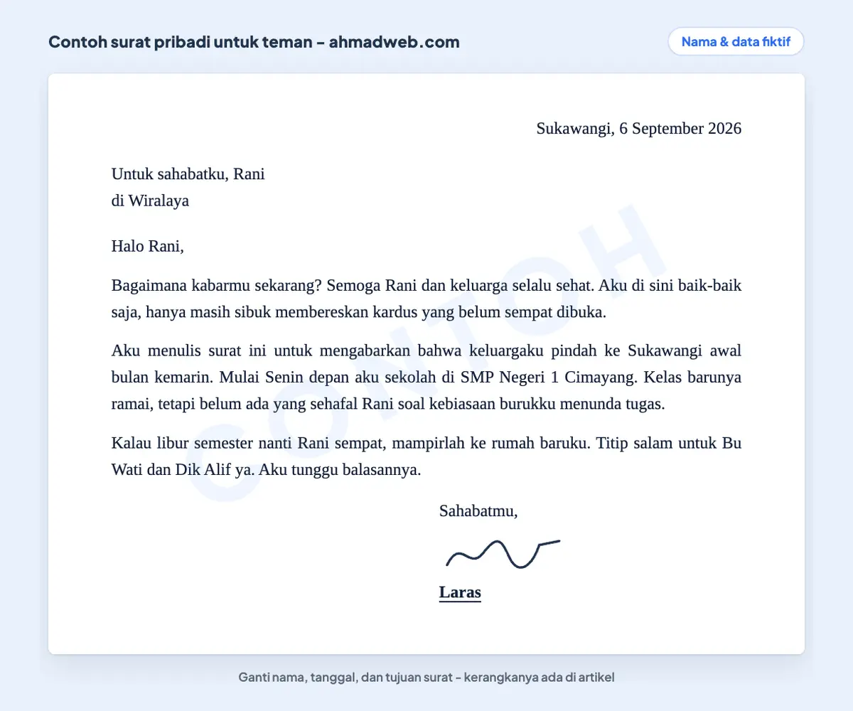 Gambar contoh surat pribadi untuk teman yang sudah diisi, berisi kabar kepindahan sekolah dengan tanggal di kanan atas dan salam penutup sejajar